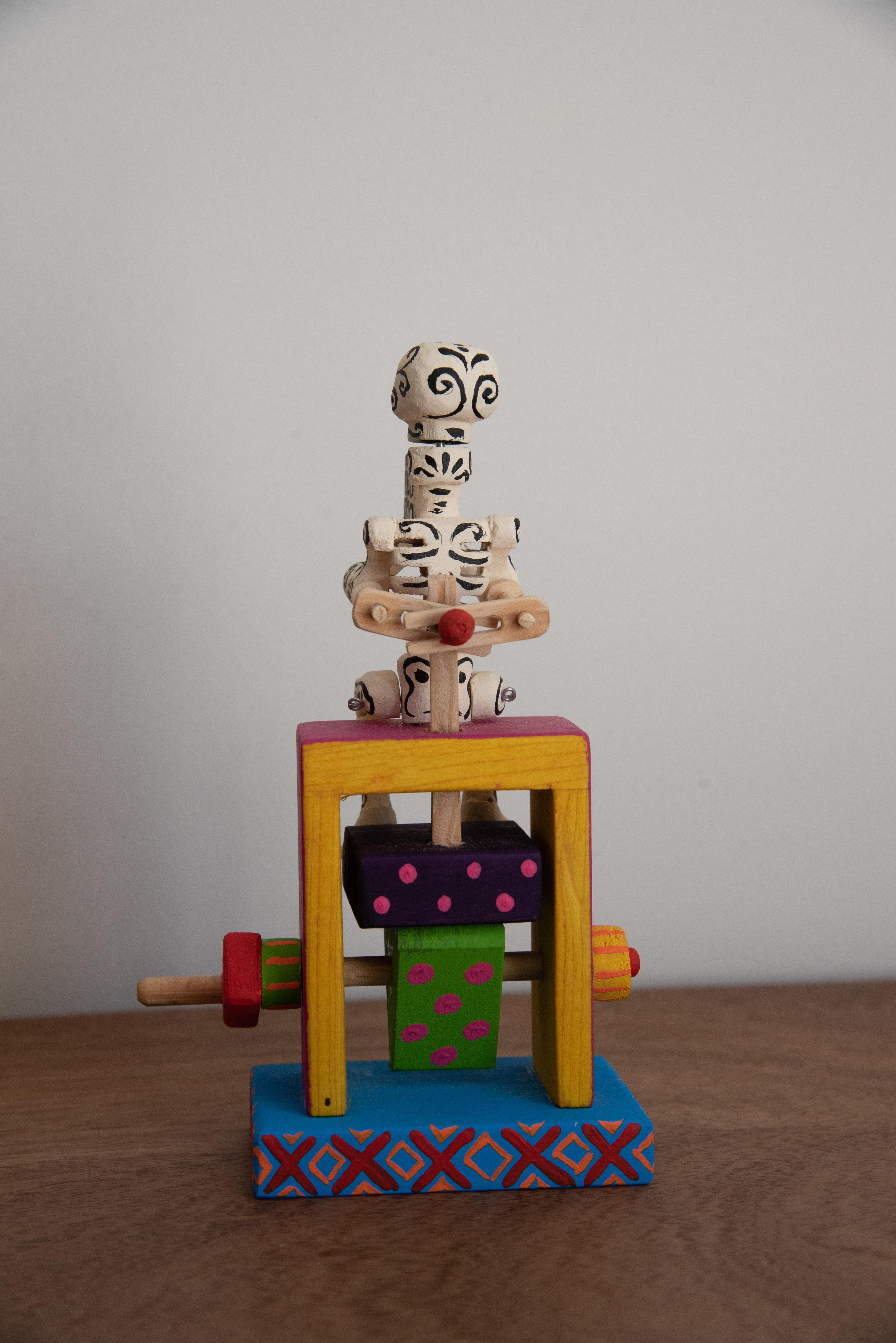 Contemporary Wood Toy Mexican Calavera Skeleton Day of the Dead Traditional Colorful Folk Art For Sale