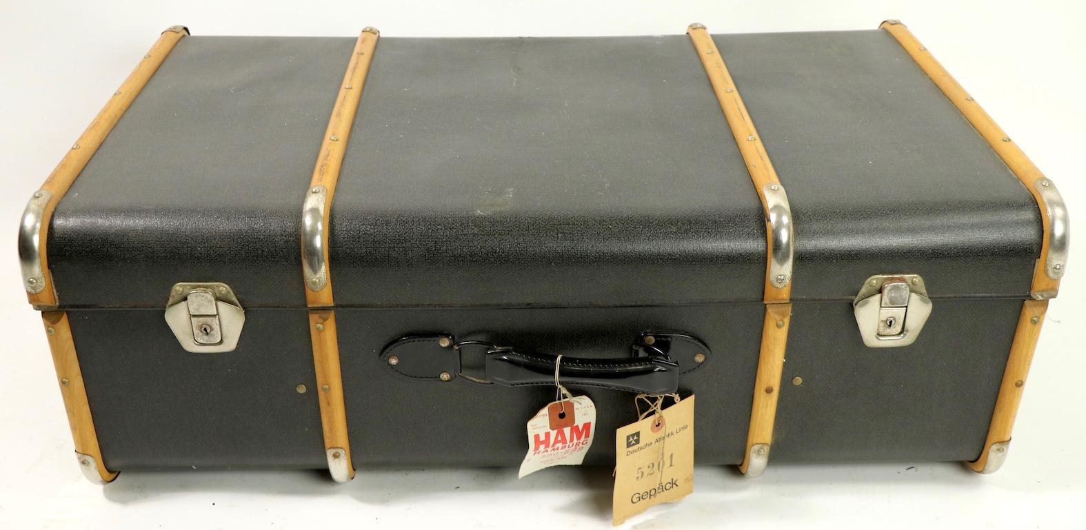 Canvas Wood Strapped Suitcase Attributed to Drew and Sons