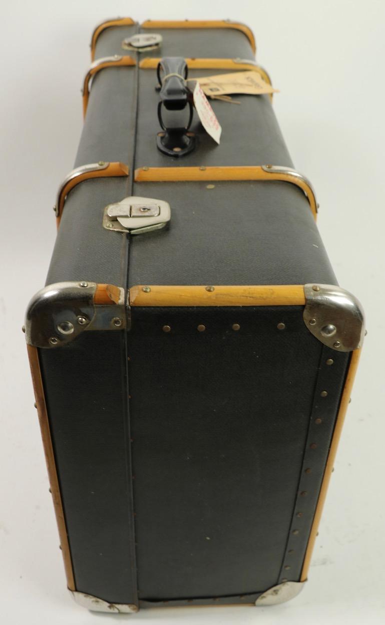English Wood Strapped Suitcase Attributed to Drew and Sons
