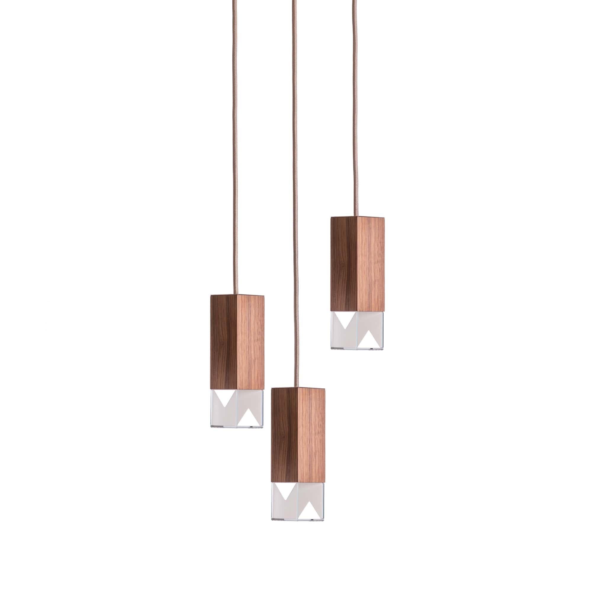 Wood trio chandelier in marble by Formaminima
Dimensions: 30 x 30 x H 68 cm
Materials: Lamp body in walnut solid wood

Light source supplied per lamp:
LED 1 x G9 max 2.6W, 50-60Hz G9 connection 
320lm 2700K Rc 80 EU Standard