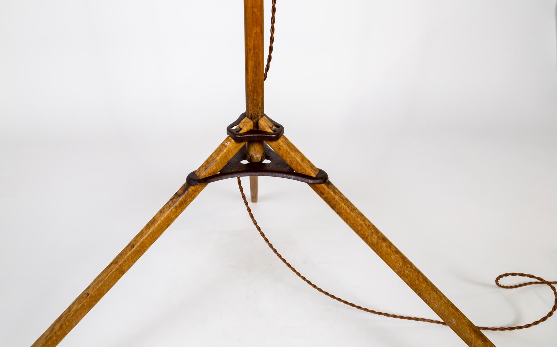 Brass Wood Tripod Floor Lamp by Thomas O'Brian For Sale