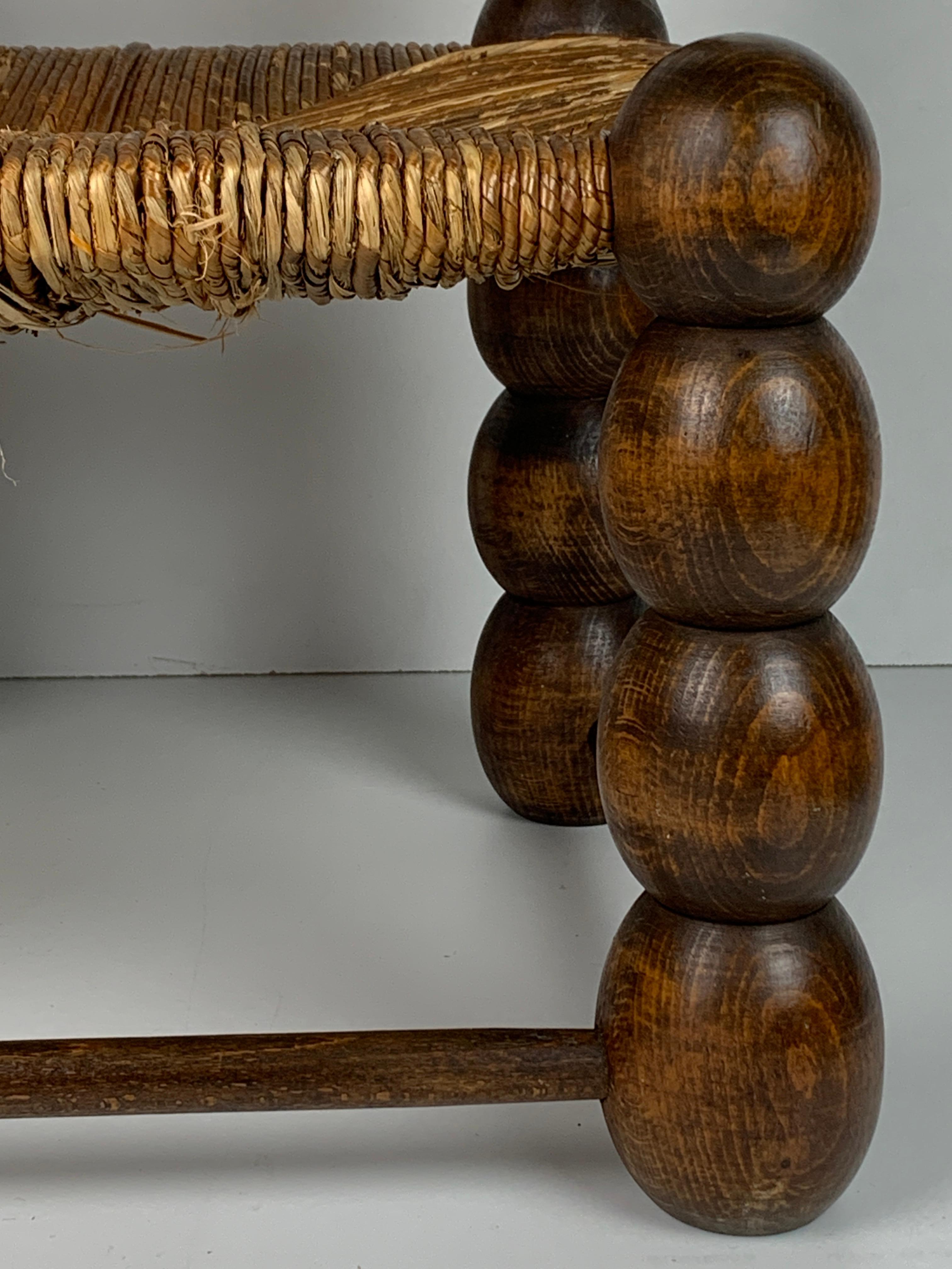 Wood Turned Bobbin Low Rush Chair in the style of Charles Dudouyt, France, 1950s 3