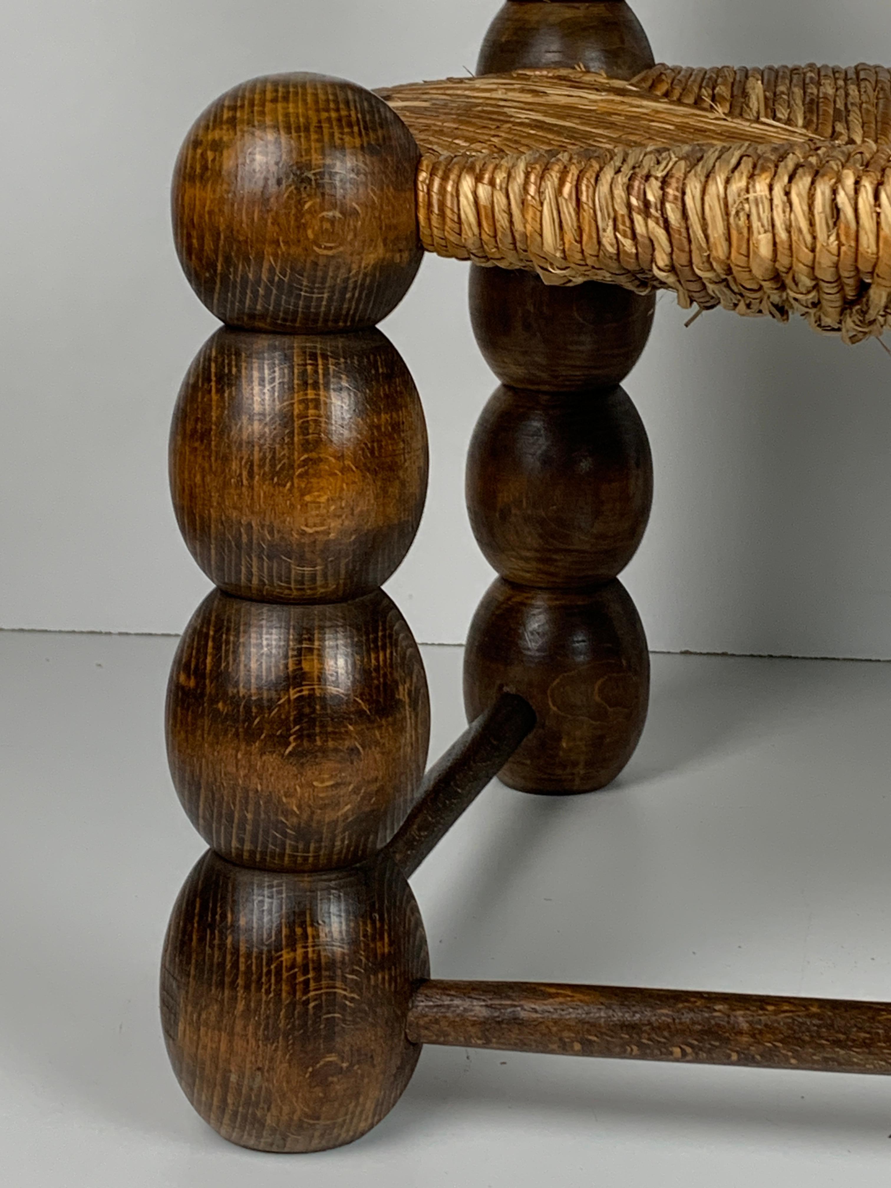 Wood Turned Bobbin Low Rush Chair in the style of Charles Dudouyt, France, 1950s 4