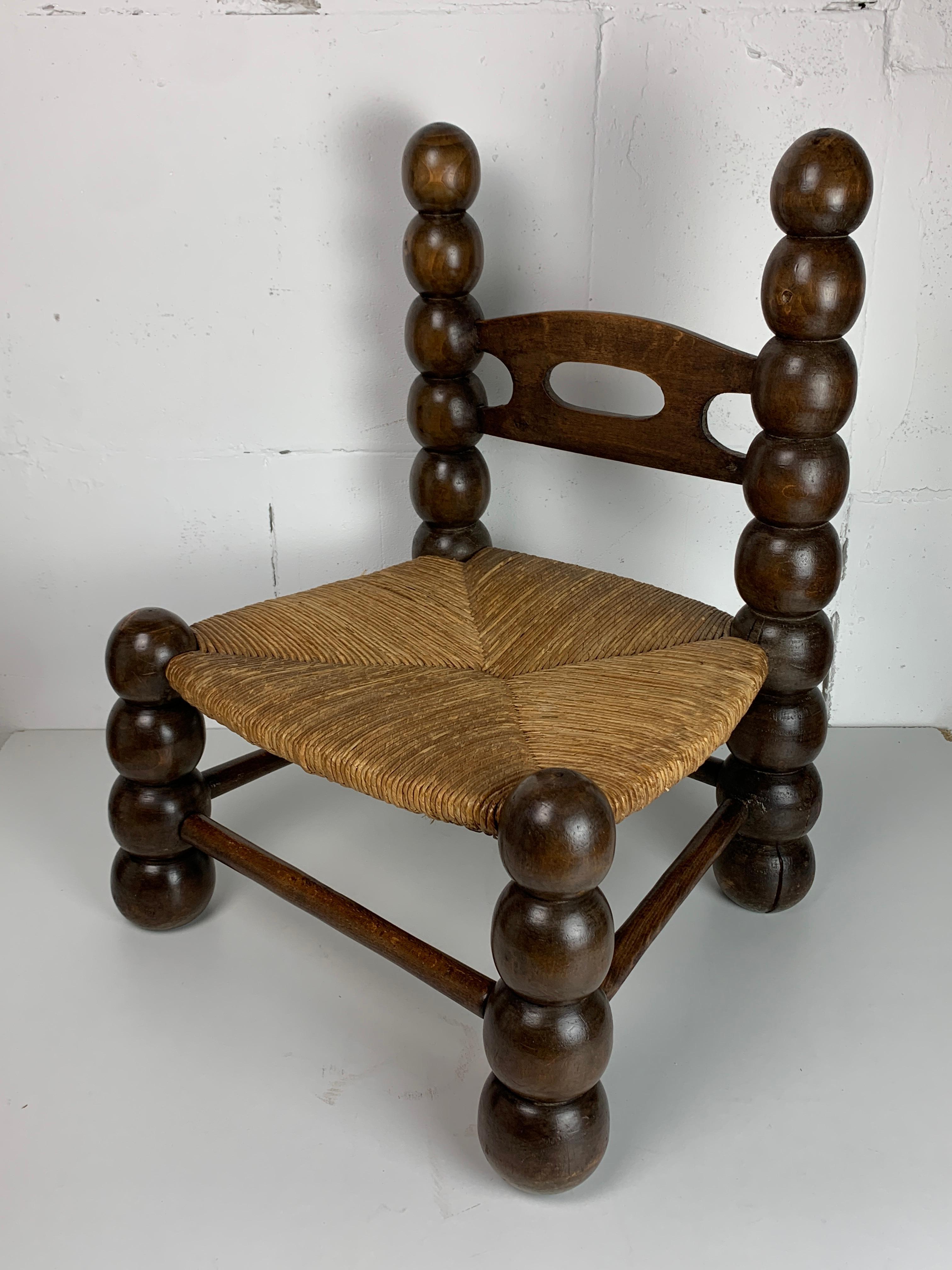 Wood Turned Bobbin Low Rush Chair in the style of Charles Dudouyt, France, 1950s 5