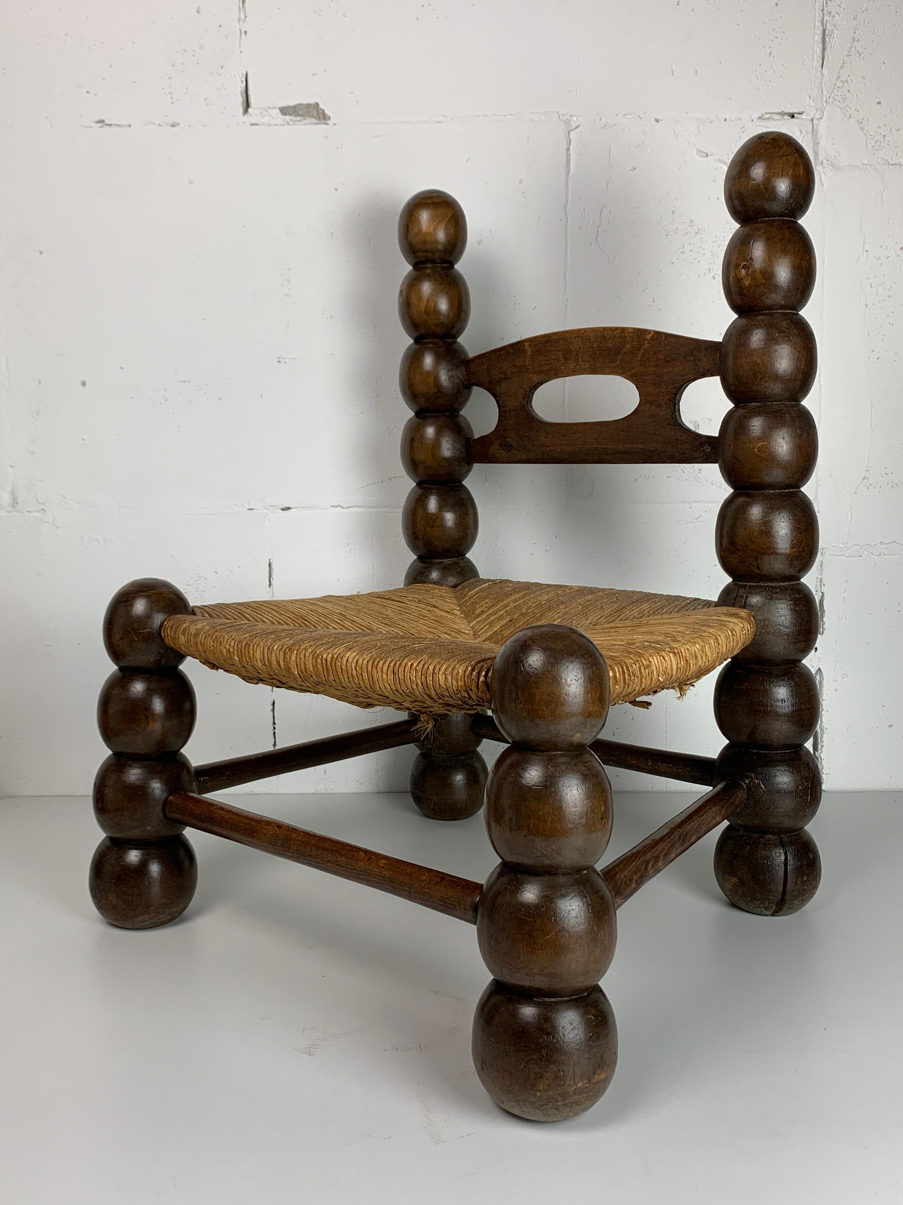 Wood Turned Bobbin Low Rush Chair in the style of Charles Dudouyt, France, 1950s 6