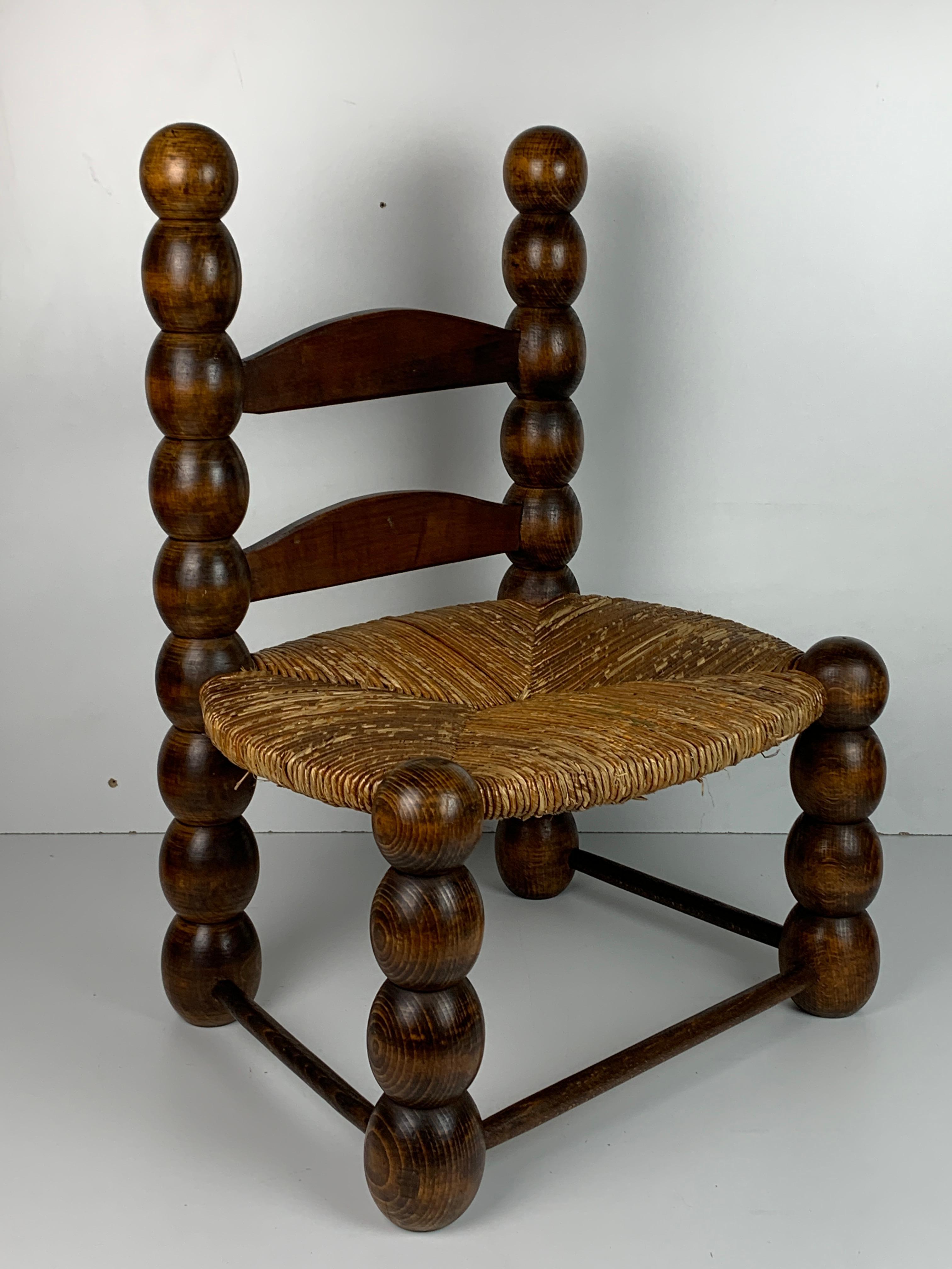 Wood Turned Bobbin Low Rush Chair in the style of Charles Dudouyt, France, 1950s 7