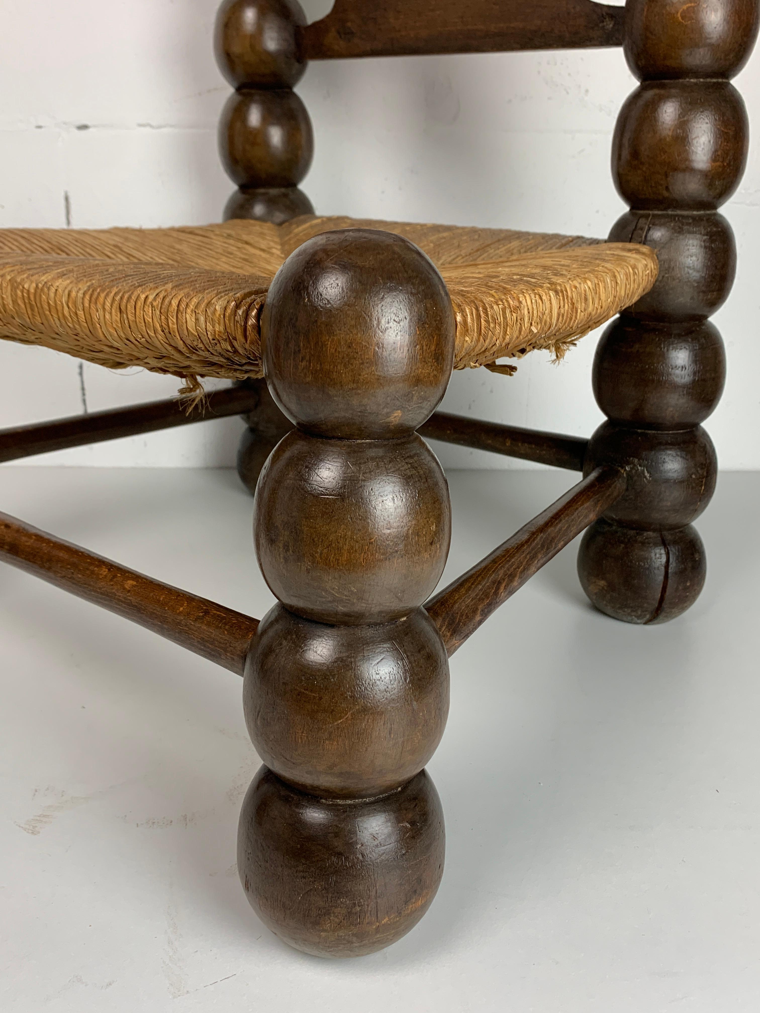 Wood Turned Bobbin Low Rush Chair in the style of Charles Dudouyt, France, 1950s 7