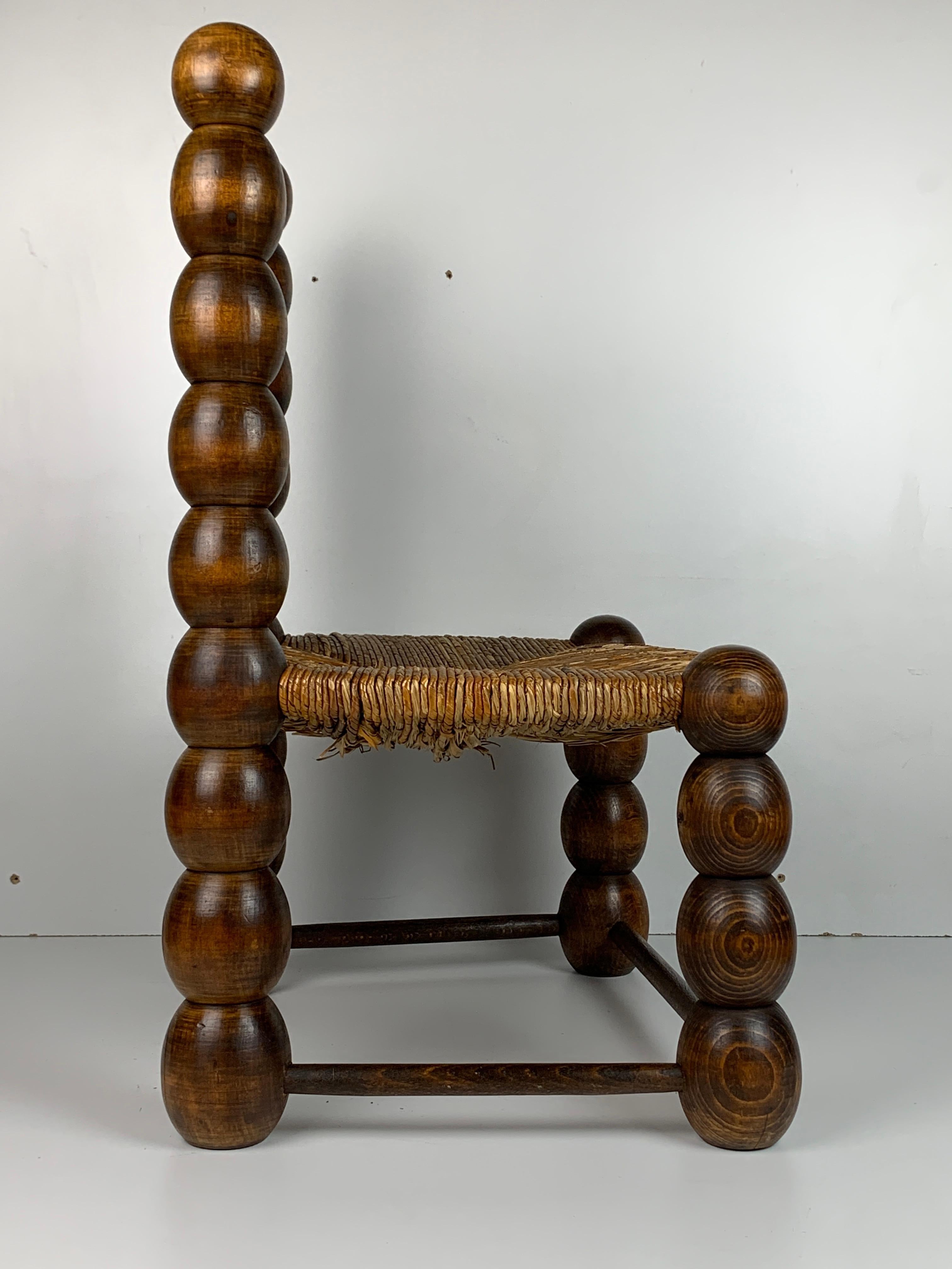 Wood Turned Bobbin Low Rush Chair in the style of Charles Dudouyt, France, 1950s 8
