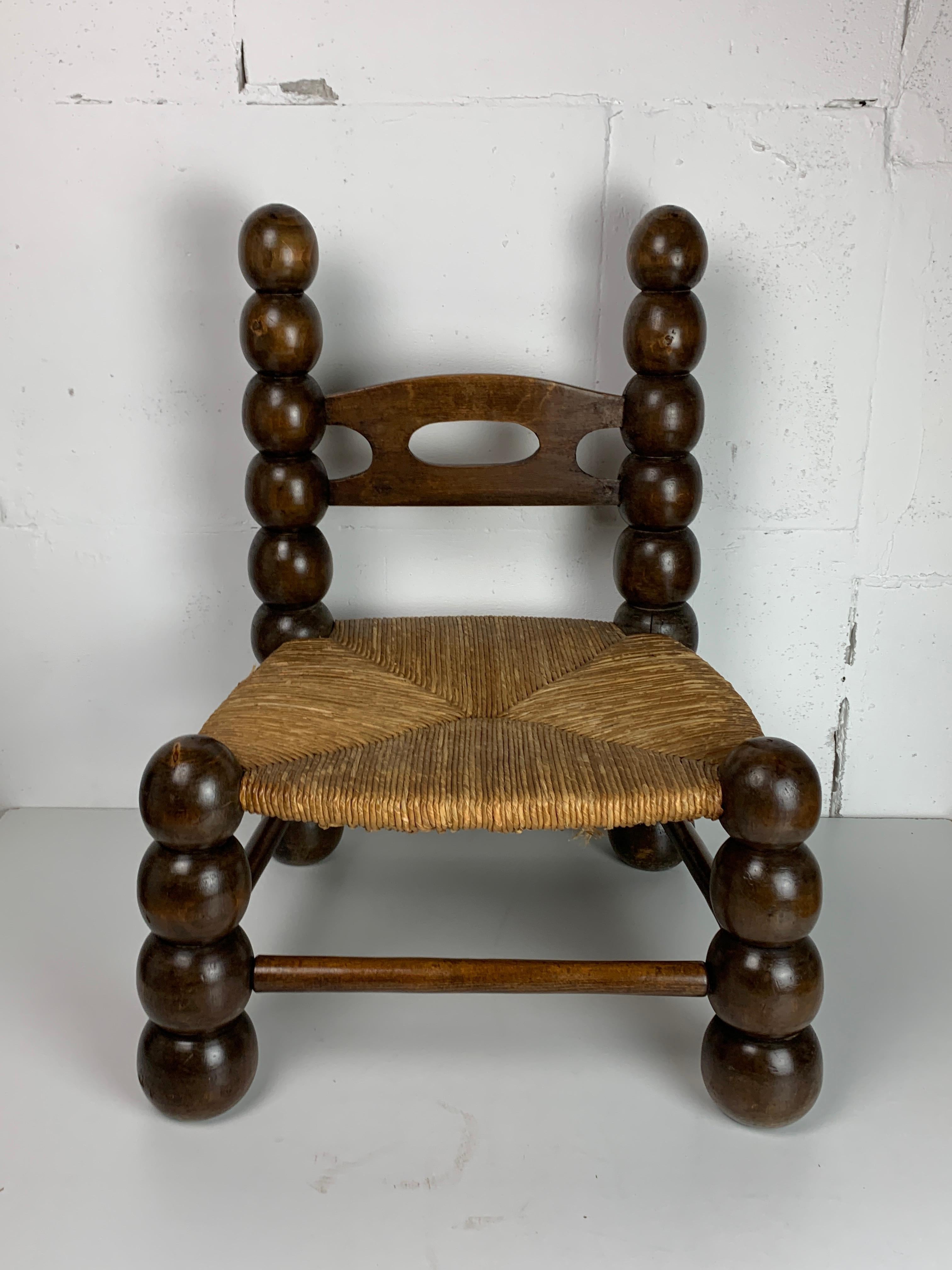 Wood Turned Bobbin Low Rush Chair in the style of Charles Dudouyt, France, 1950s 8