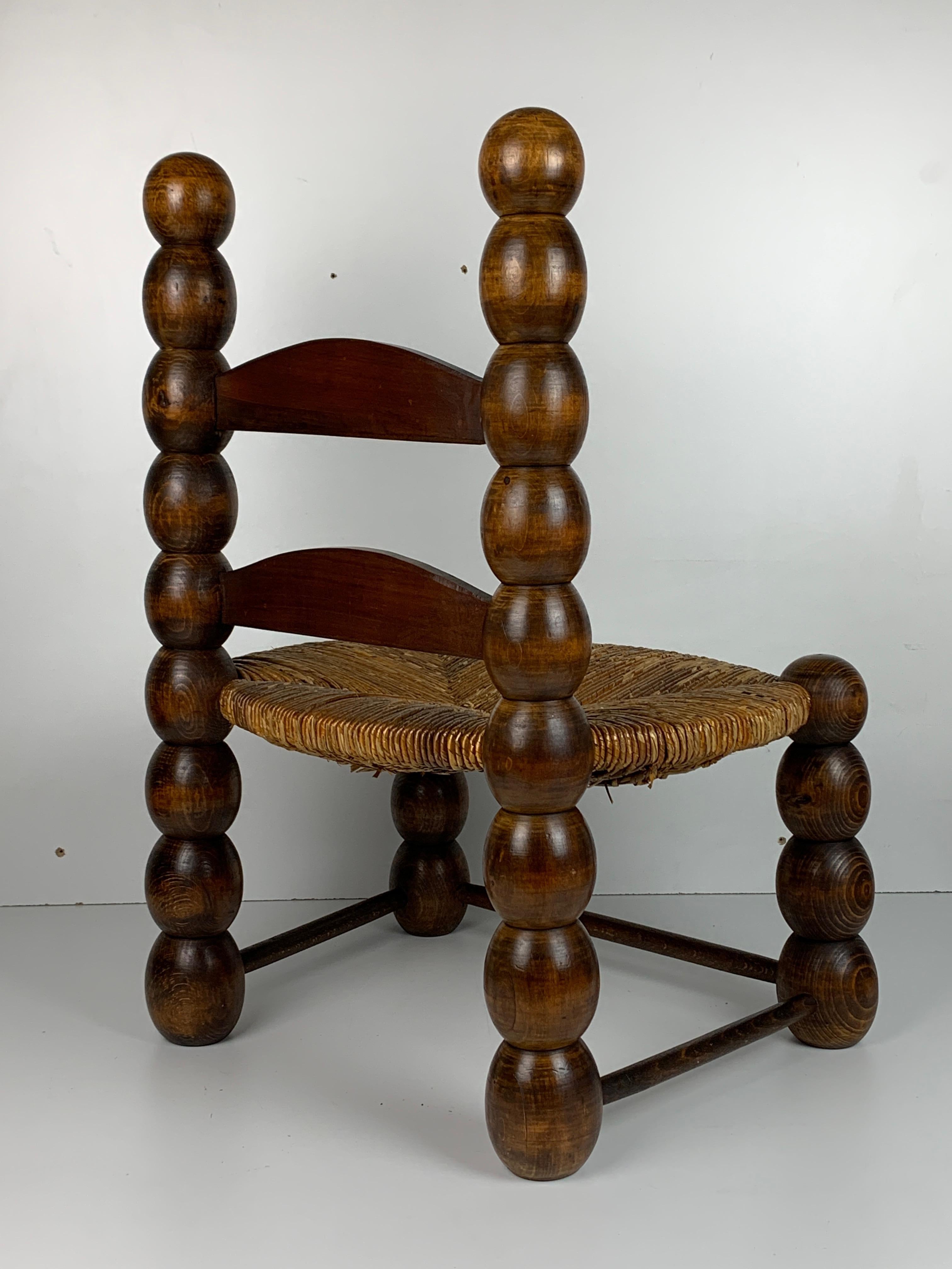 Wood Turned Bobbin Low Rush Chair in the style of Charles Dudouyt, France, 1950s 9