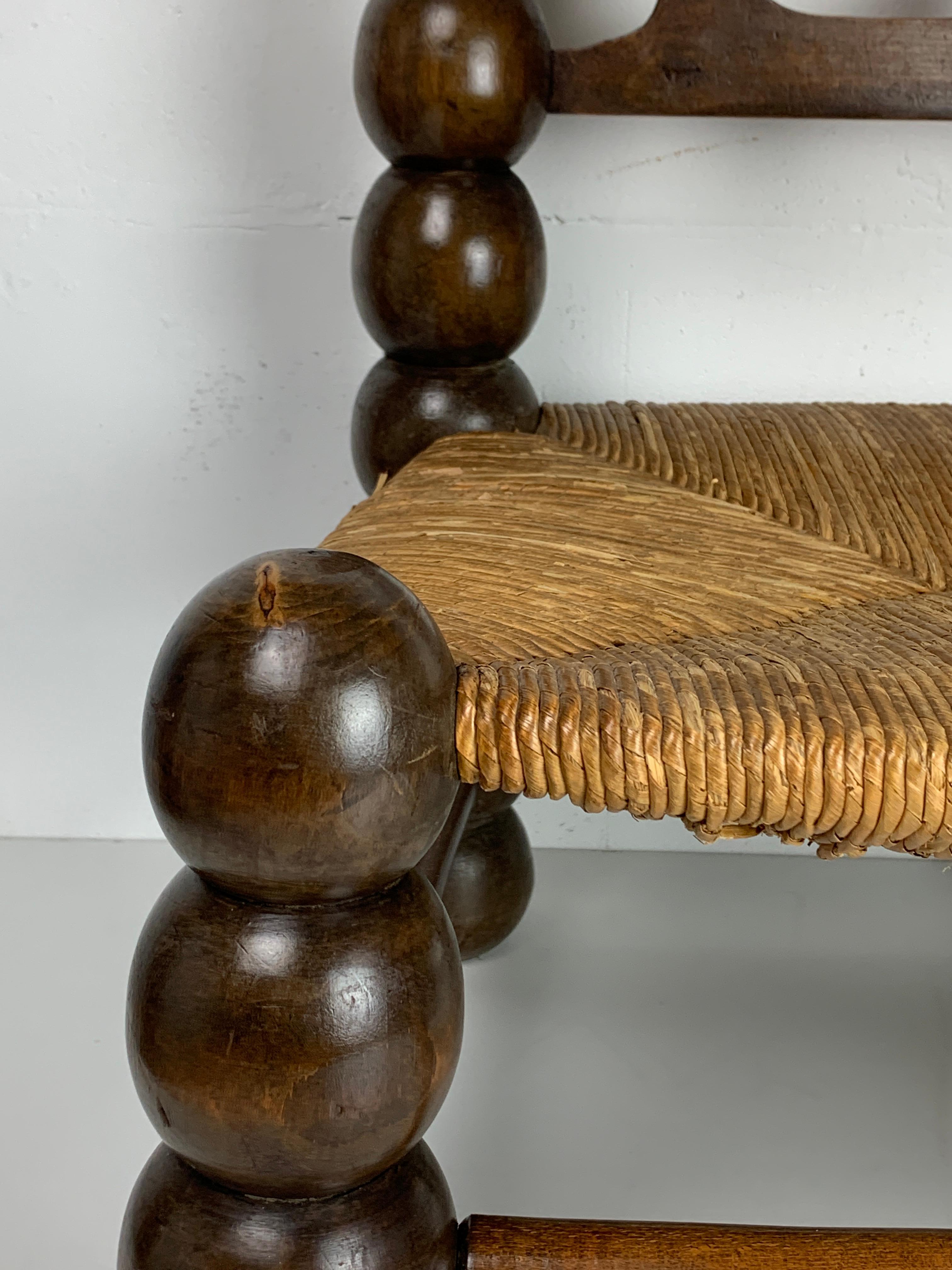 Wood Turned Bobbin Low Rush Chair in the style of Charles Dudouyt, France, 1950s 9