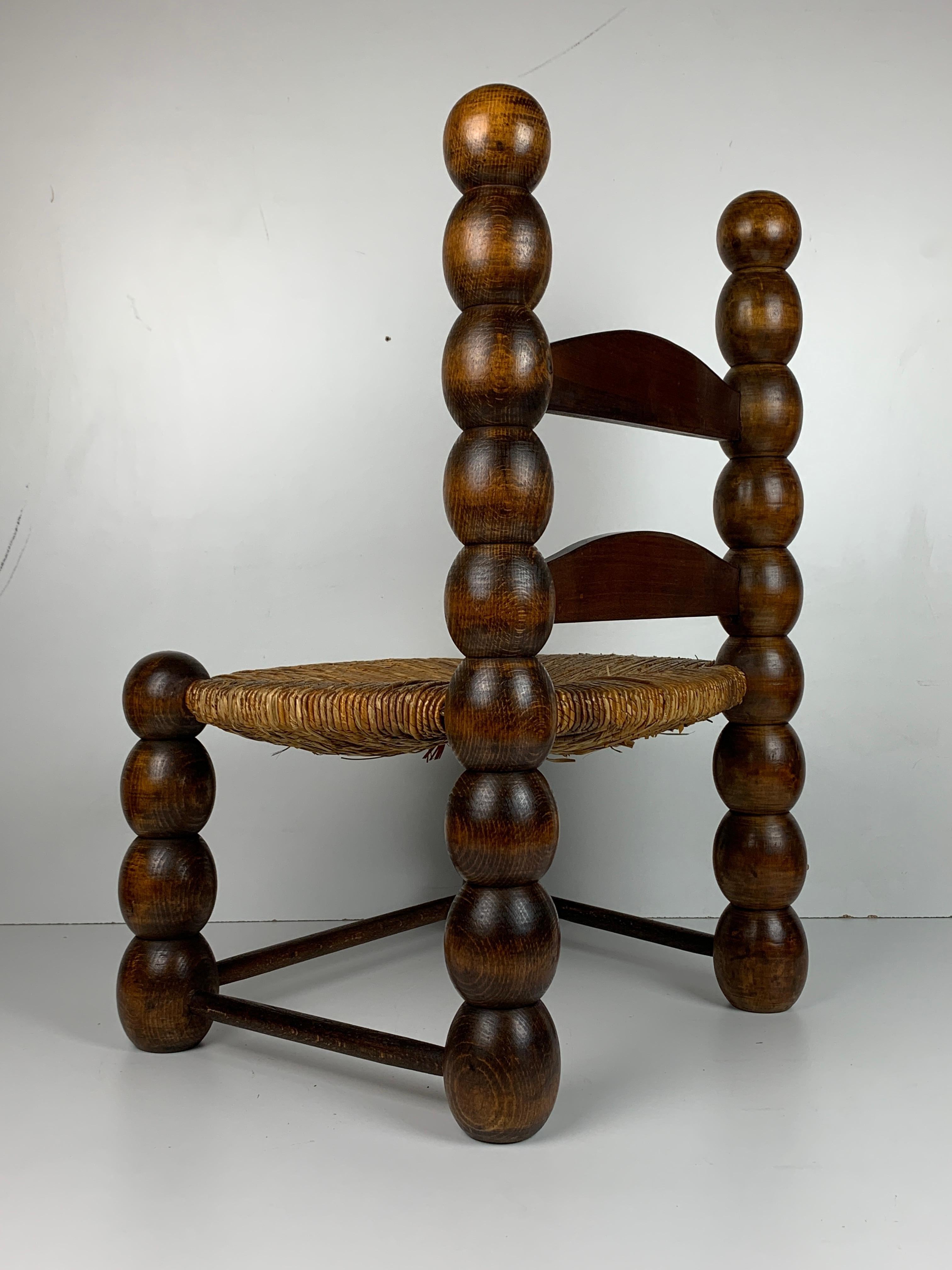 Wood Turned Bobbin Low Rush Chair in the style of Charles Dudouyt, France, 1950s 10