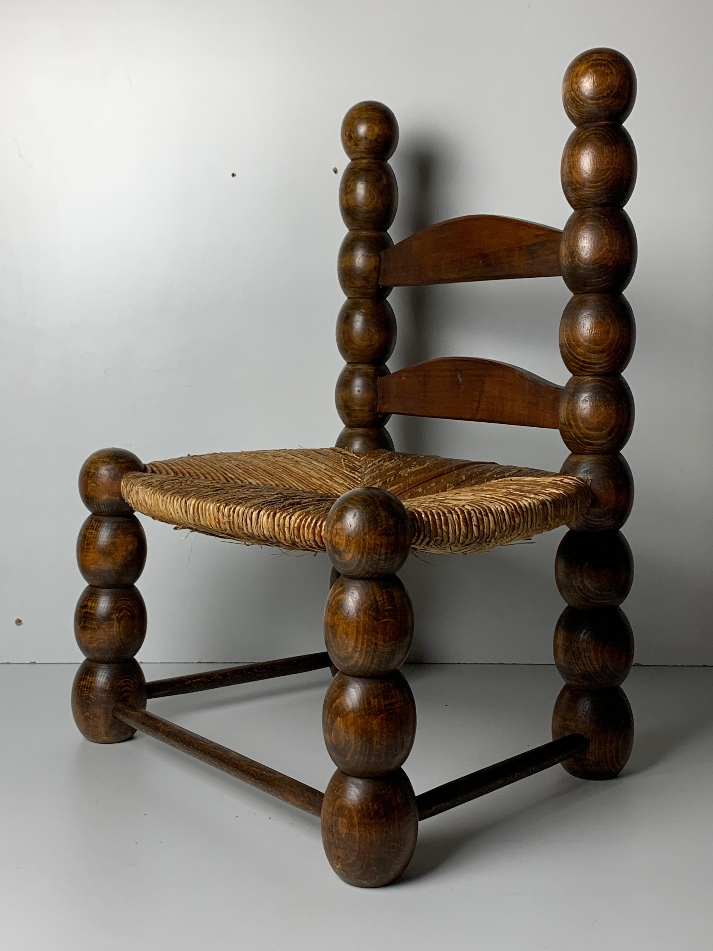 Wood Turned Bobbin Low Rush Chair in the style of Charles Dudouyt, France, 1950s 11
