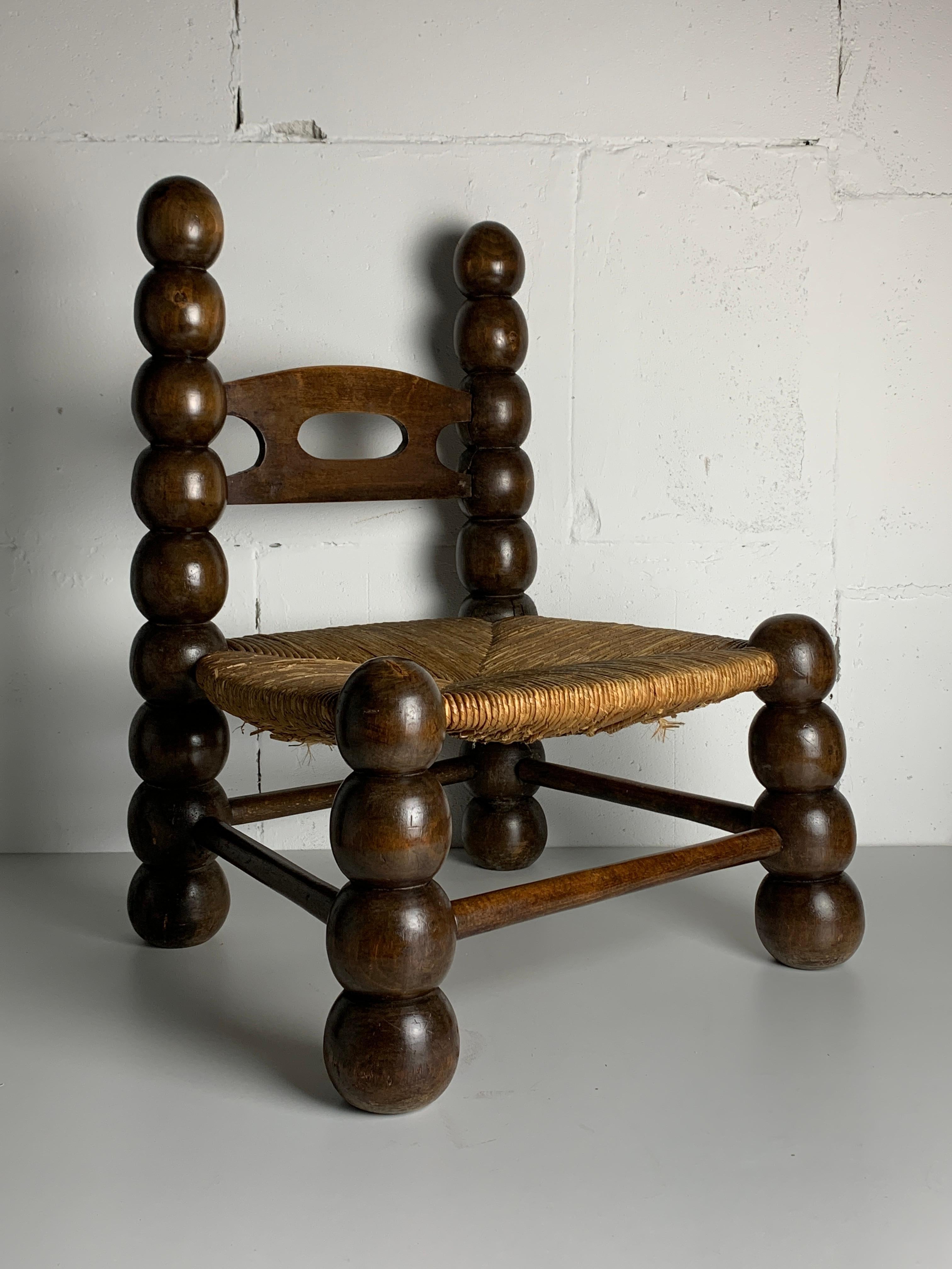 Wood Turned Bobbin Low Rush Chair in the style of Charles Dudouyt, France, 1950s 11