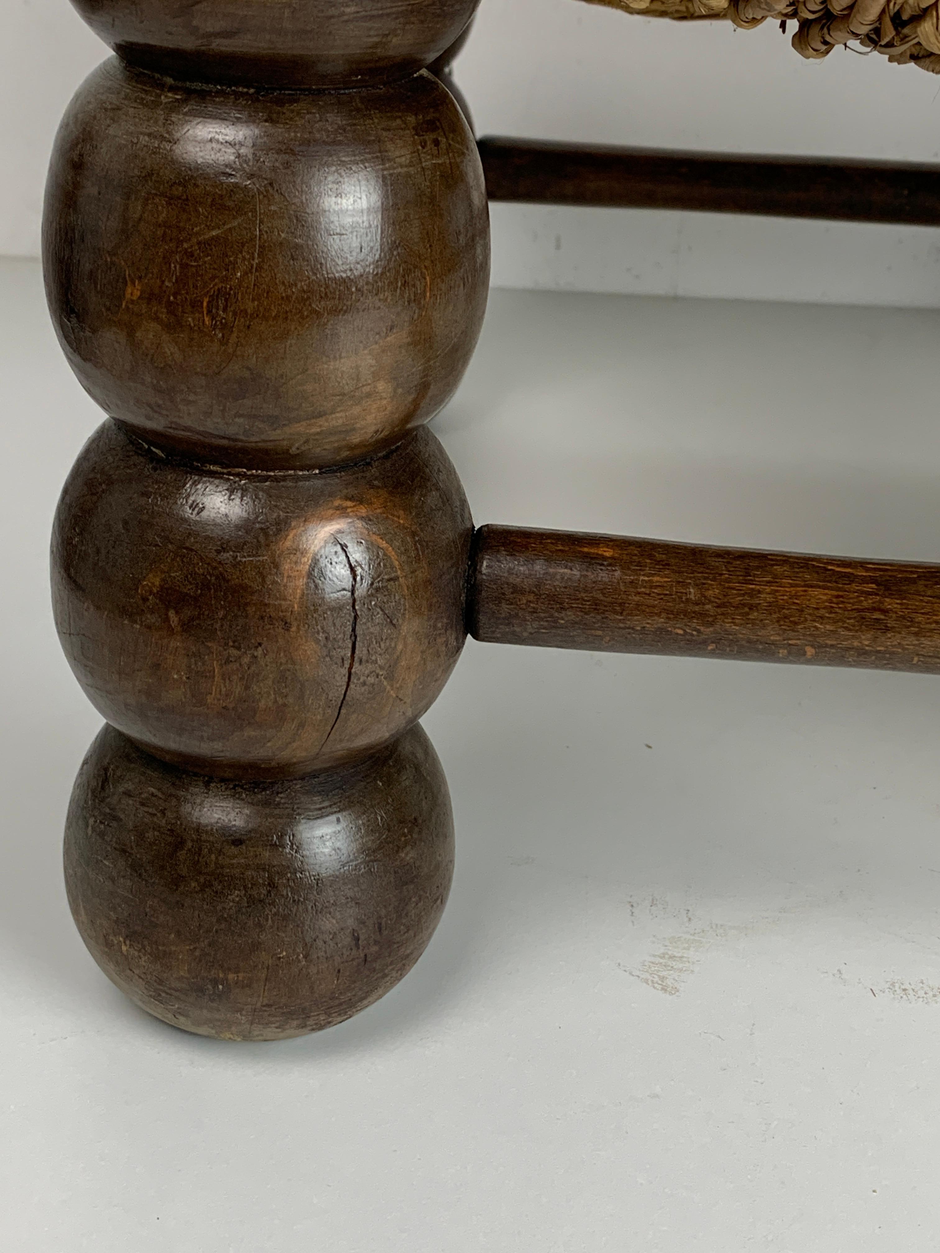Wood Turned Bobbin Low Rush Chair in the style of Charles Dudouyt, France, 1950s 1