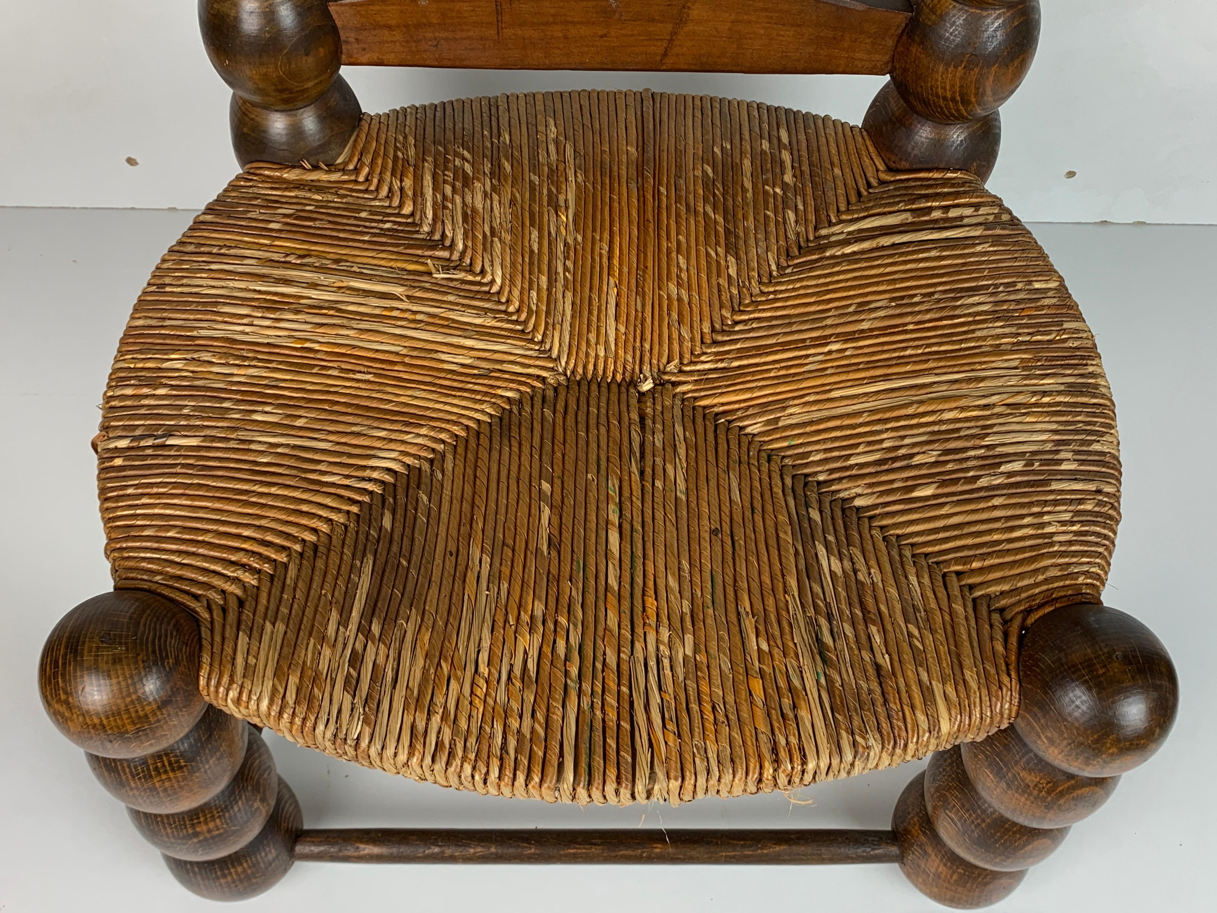Wood Turned Bobbin Low Rush Chair in the style of Charles Dudouyt, France, 1950s 2