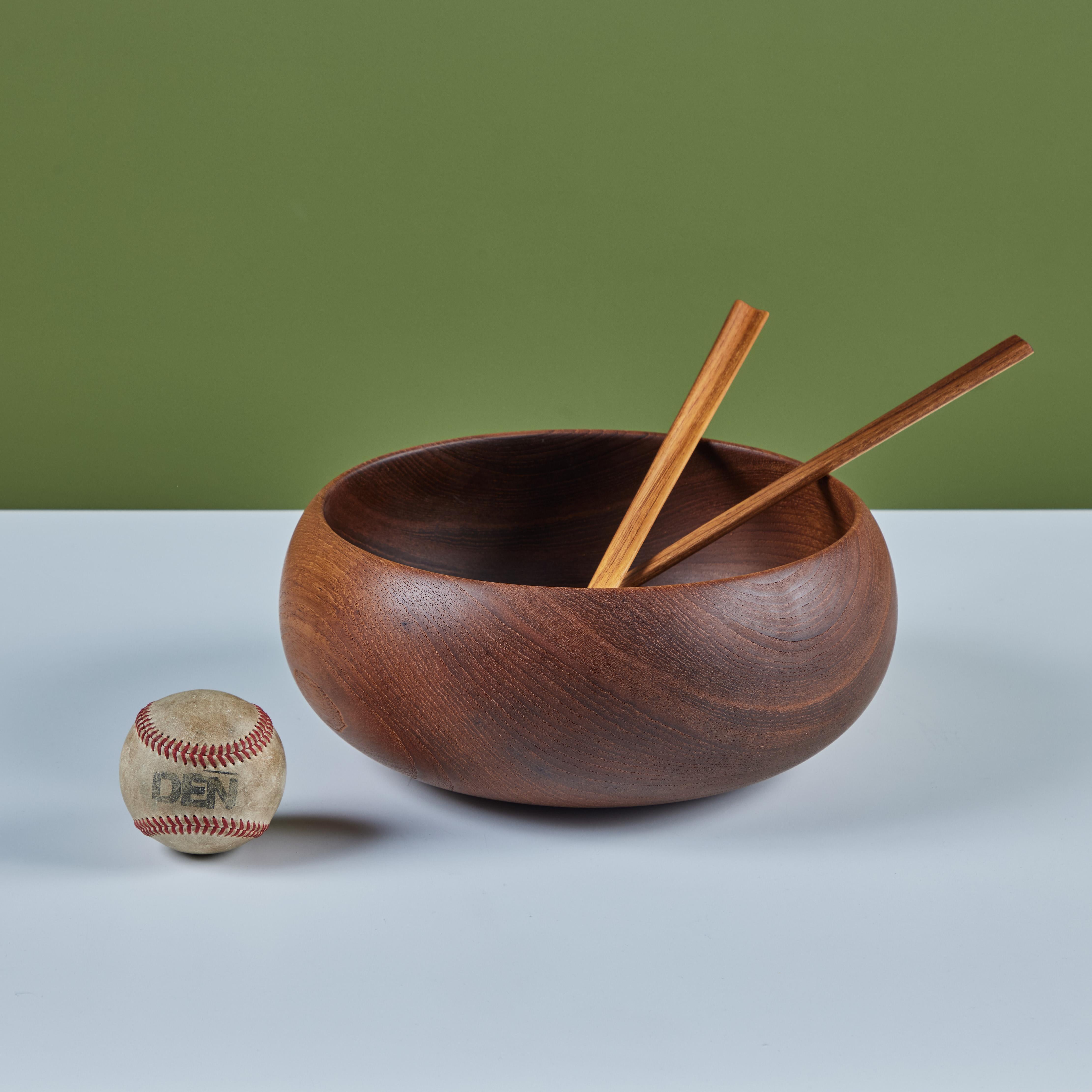 Mid-Century Modern Wood Turned Bowl with Utensils For Sale