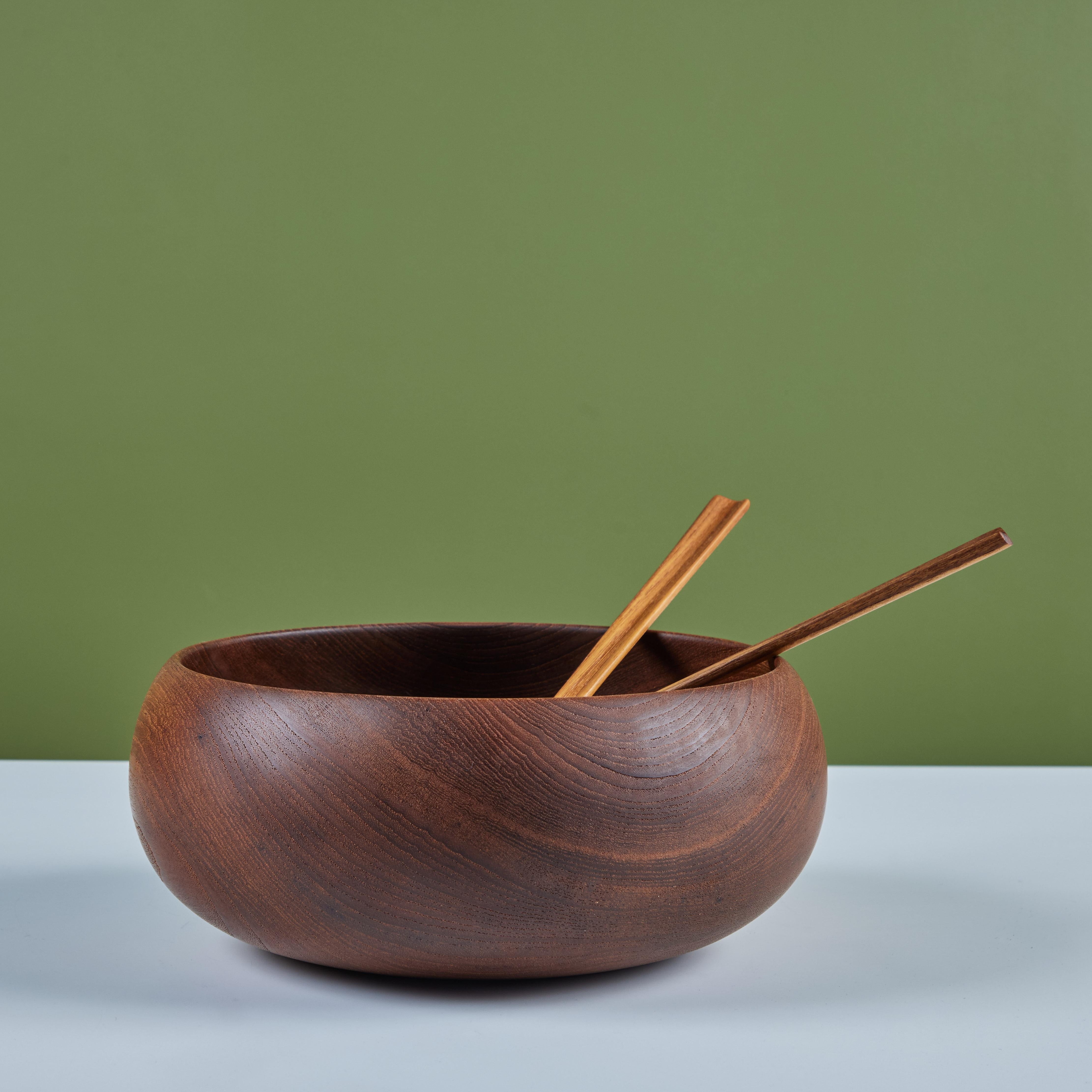 Wood Turned Bowl with Utensils In Excellent Condition For Sale In Los Angeles, CA