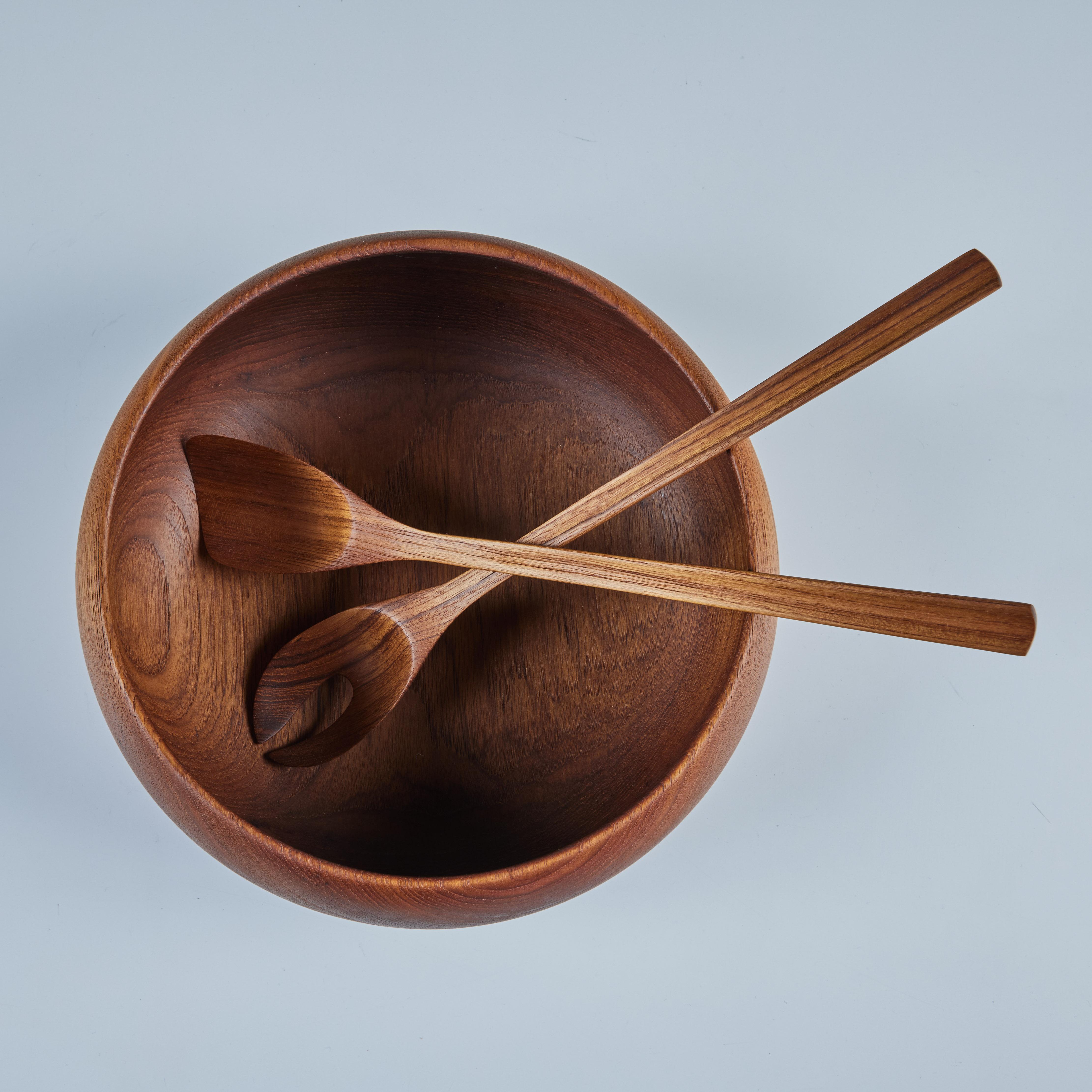 20th Century Wood Turned Bowl with Utensils For Sale