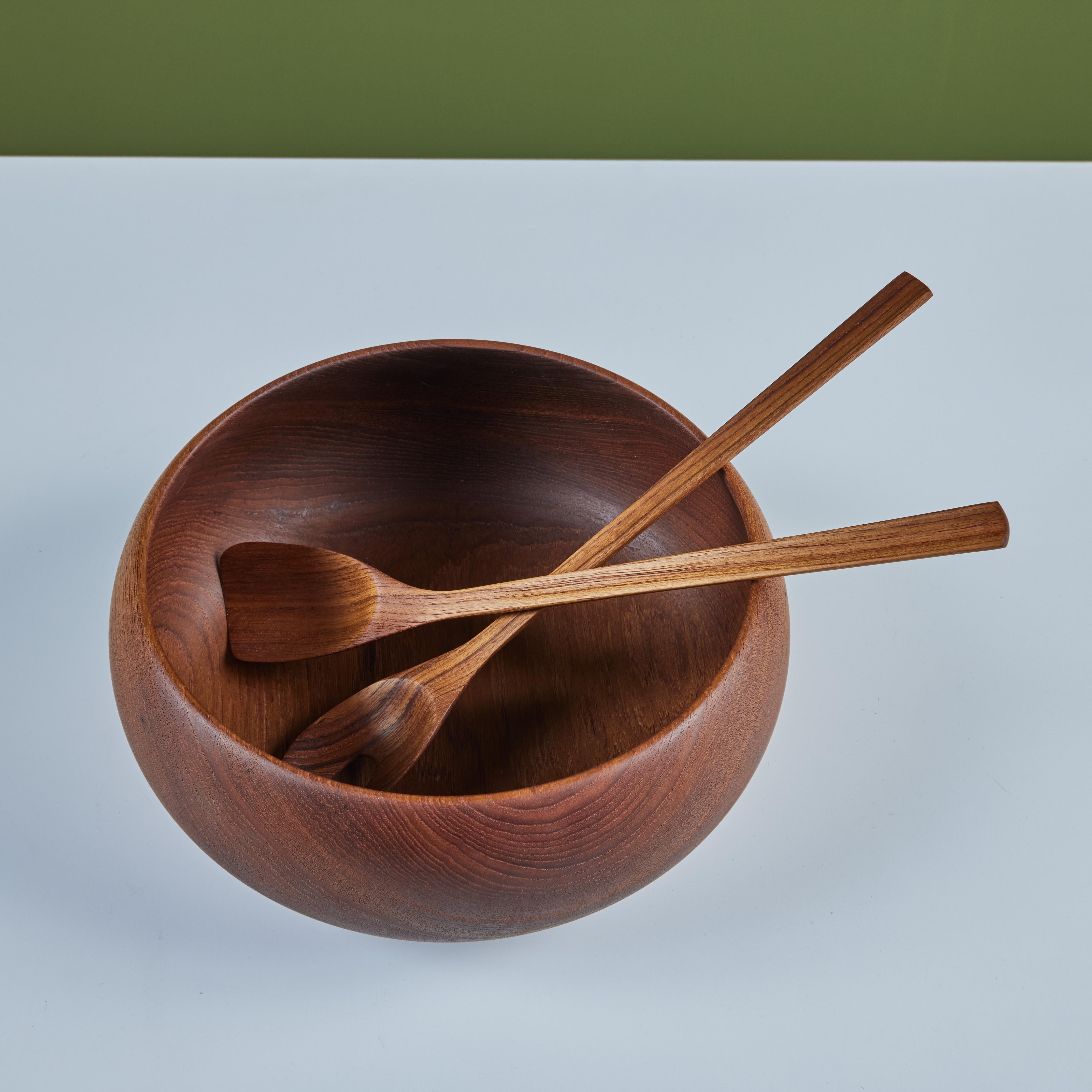 Teak Wood Turned Bowl with Utensils For Sale