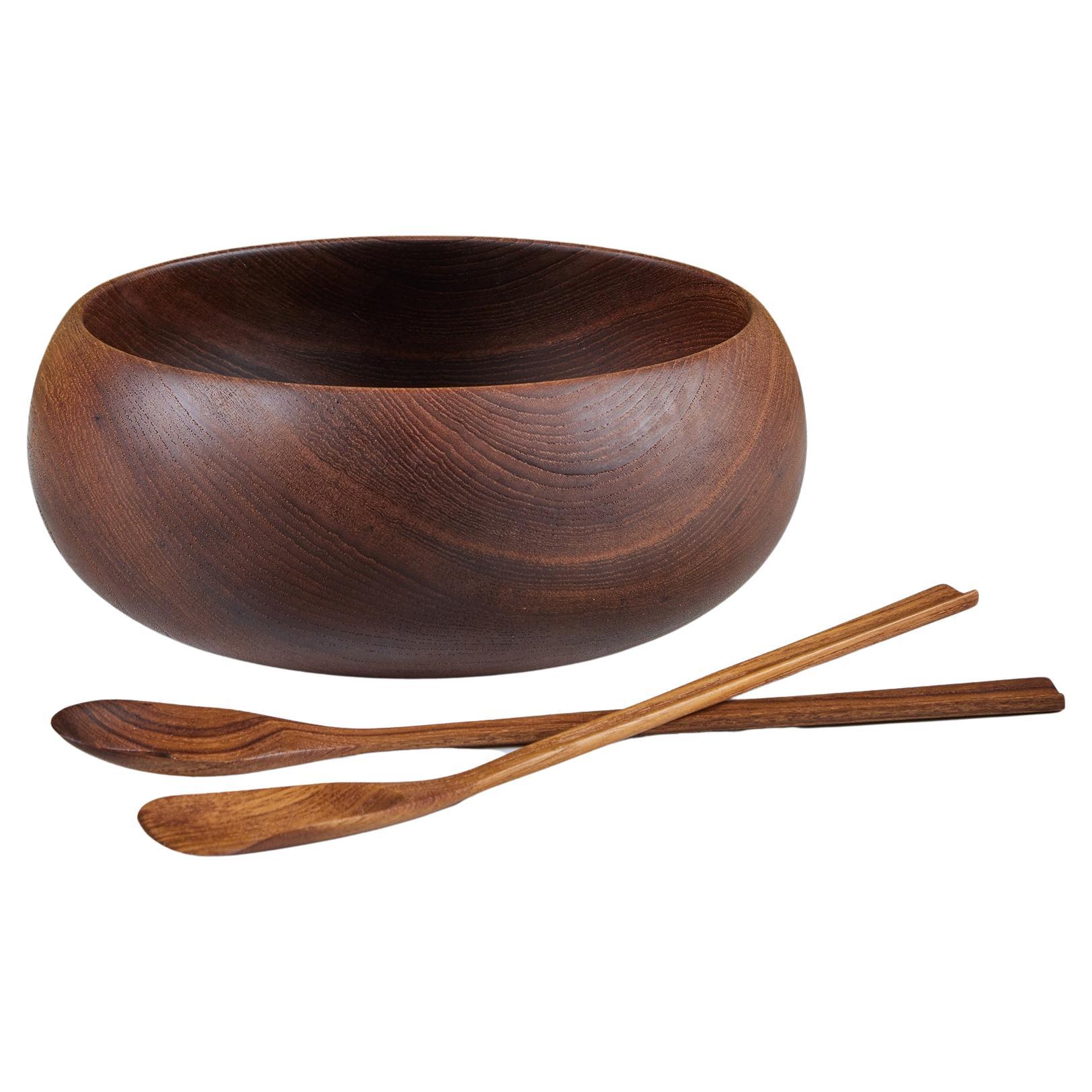 Wood Turned Bowl with Utensils For Sale