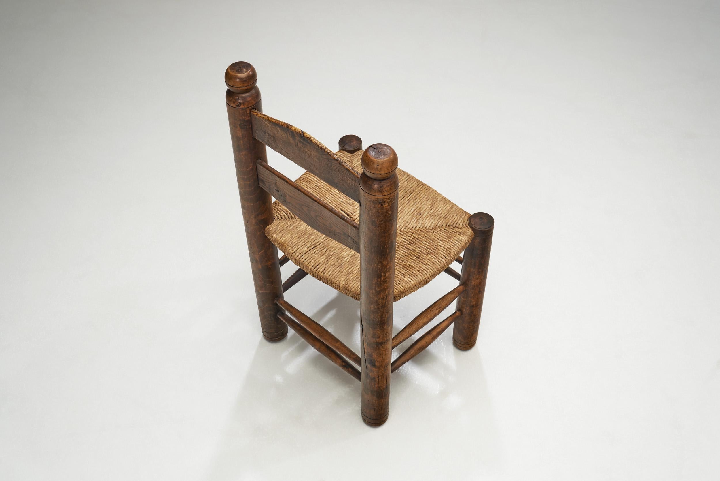 Mid-20th Century Wood Turned Chairs with Woven Rush Seats, Europe Ca 1940s For Sale