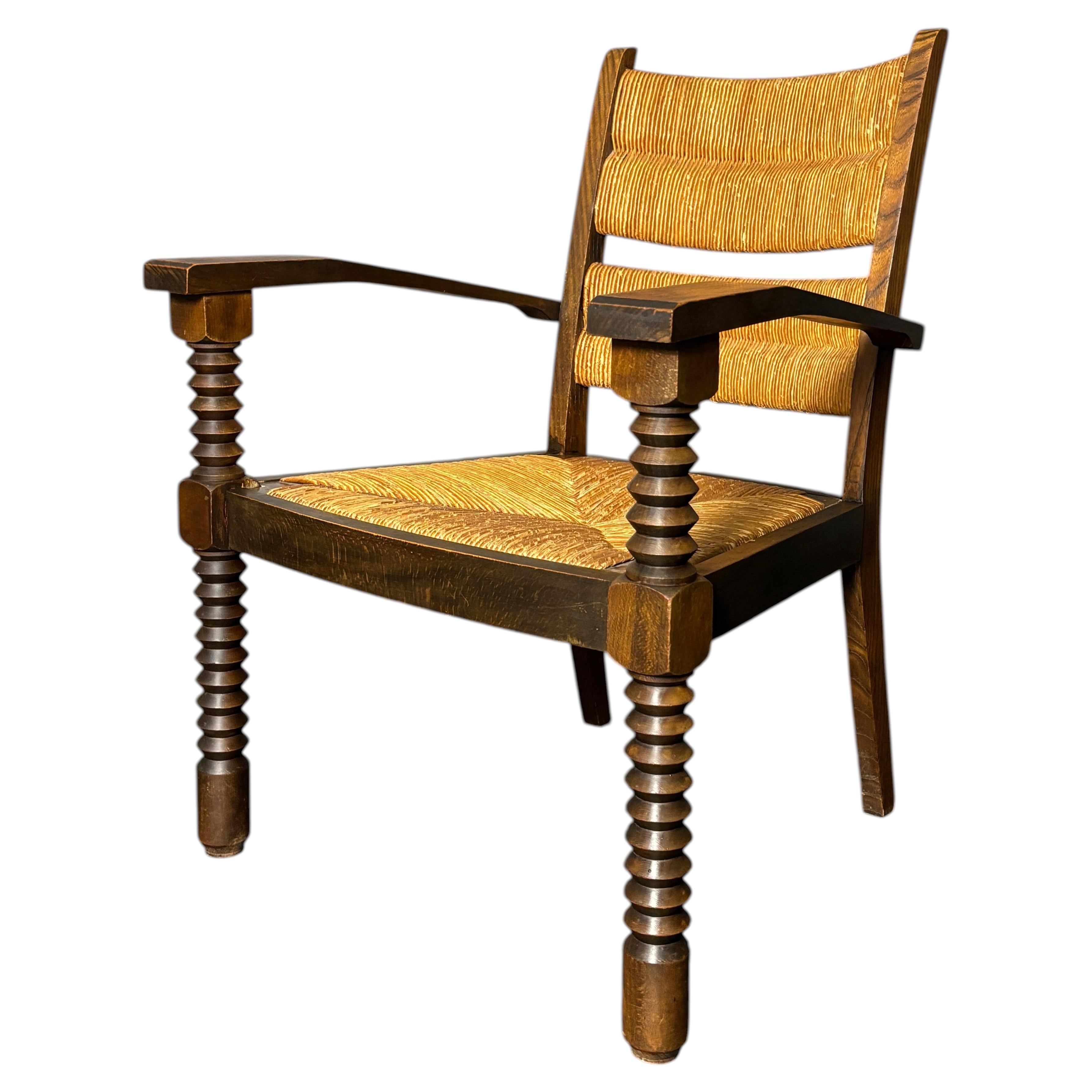 Wood turned rush armchair in the stye of Charles Dudouyt, France 1950s