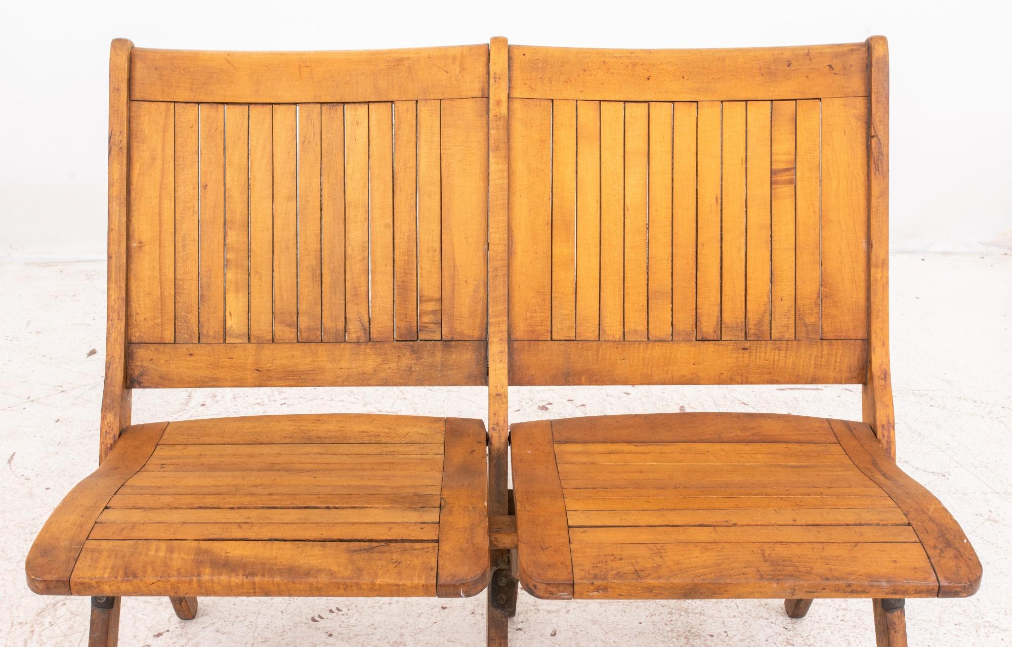 20th Century Wood Two Seat Folding Chairs Bench For Sale