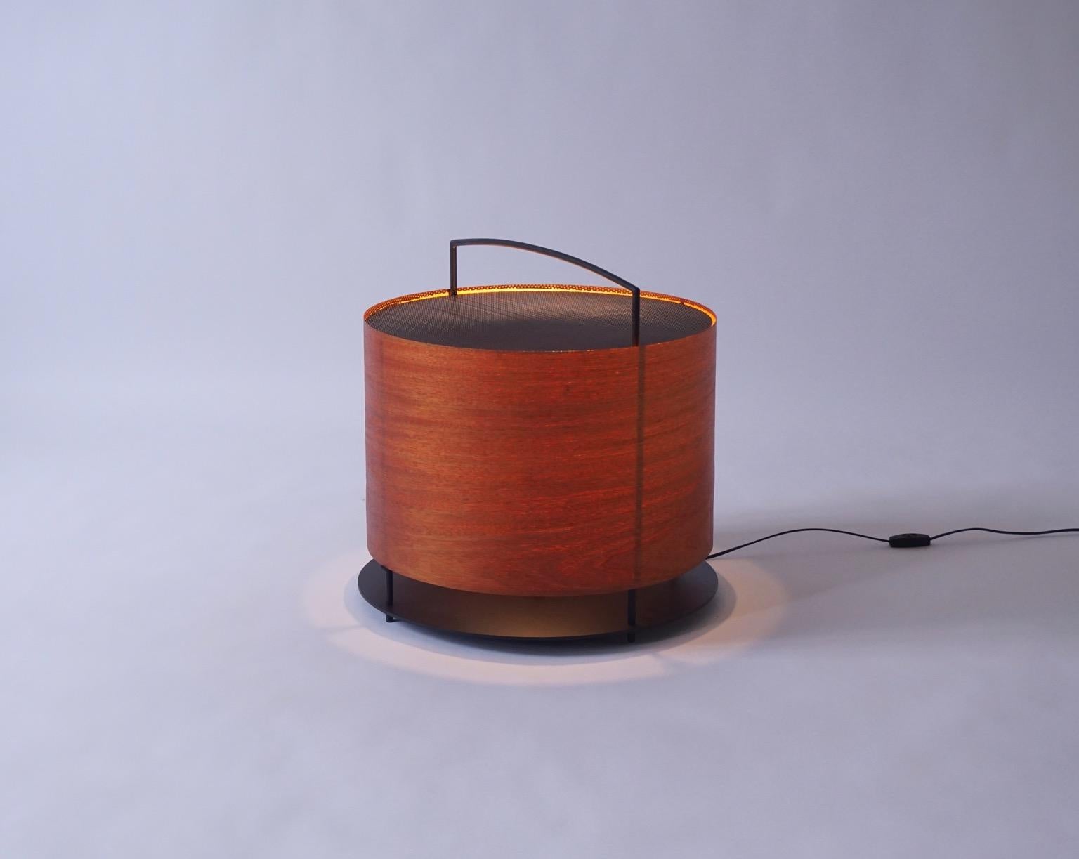 Contemporary Mahogany Wood Veneer Lantern #7 with Blackened Metal Frame For Sale