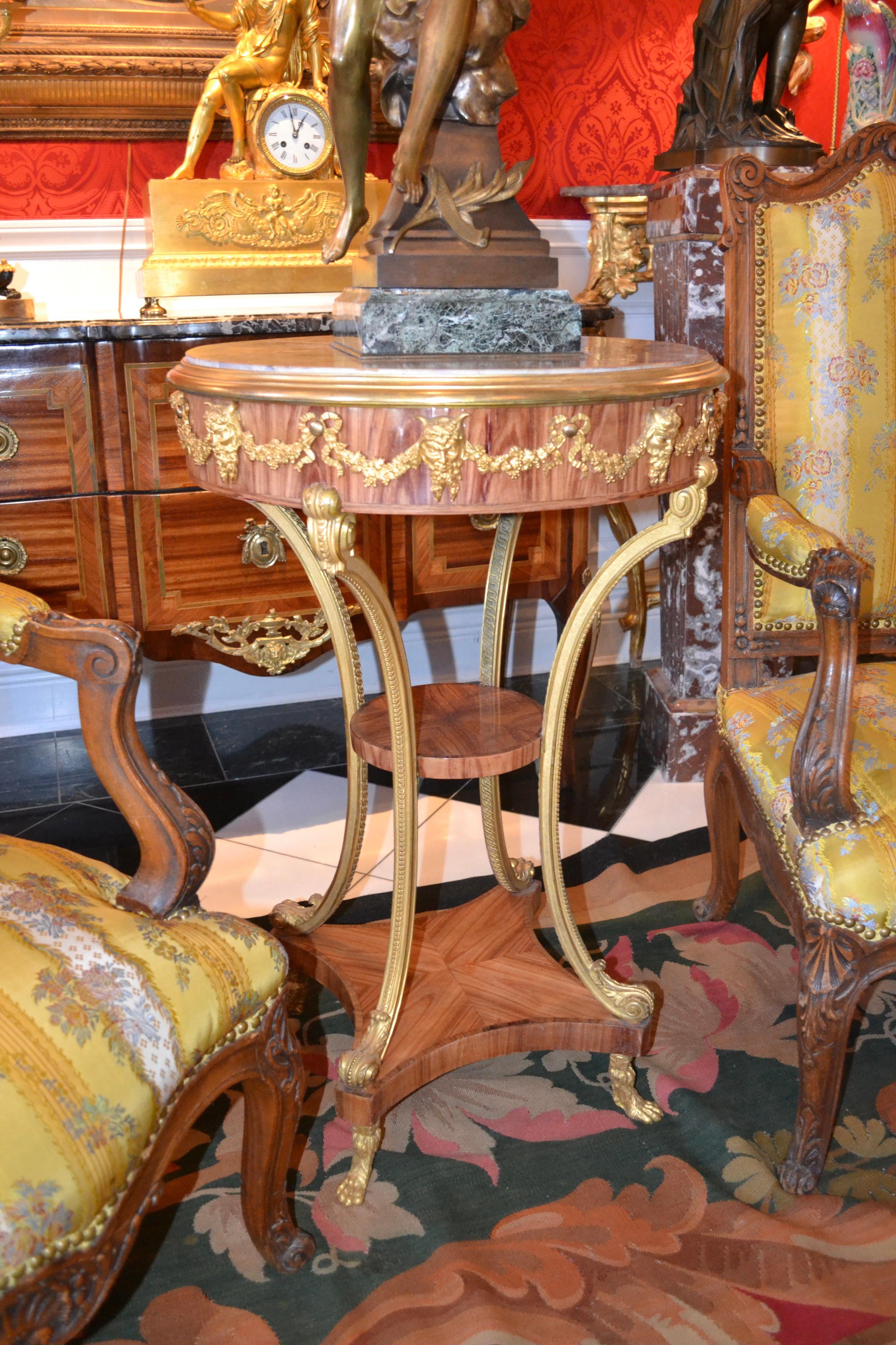 Marble Topped  Tulipwood  and Gilt Bronze Gueridon Table For Sale 5