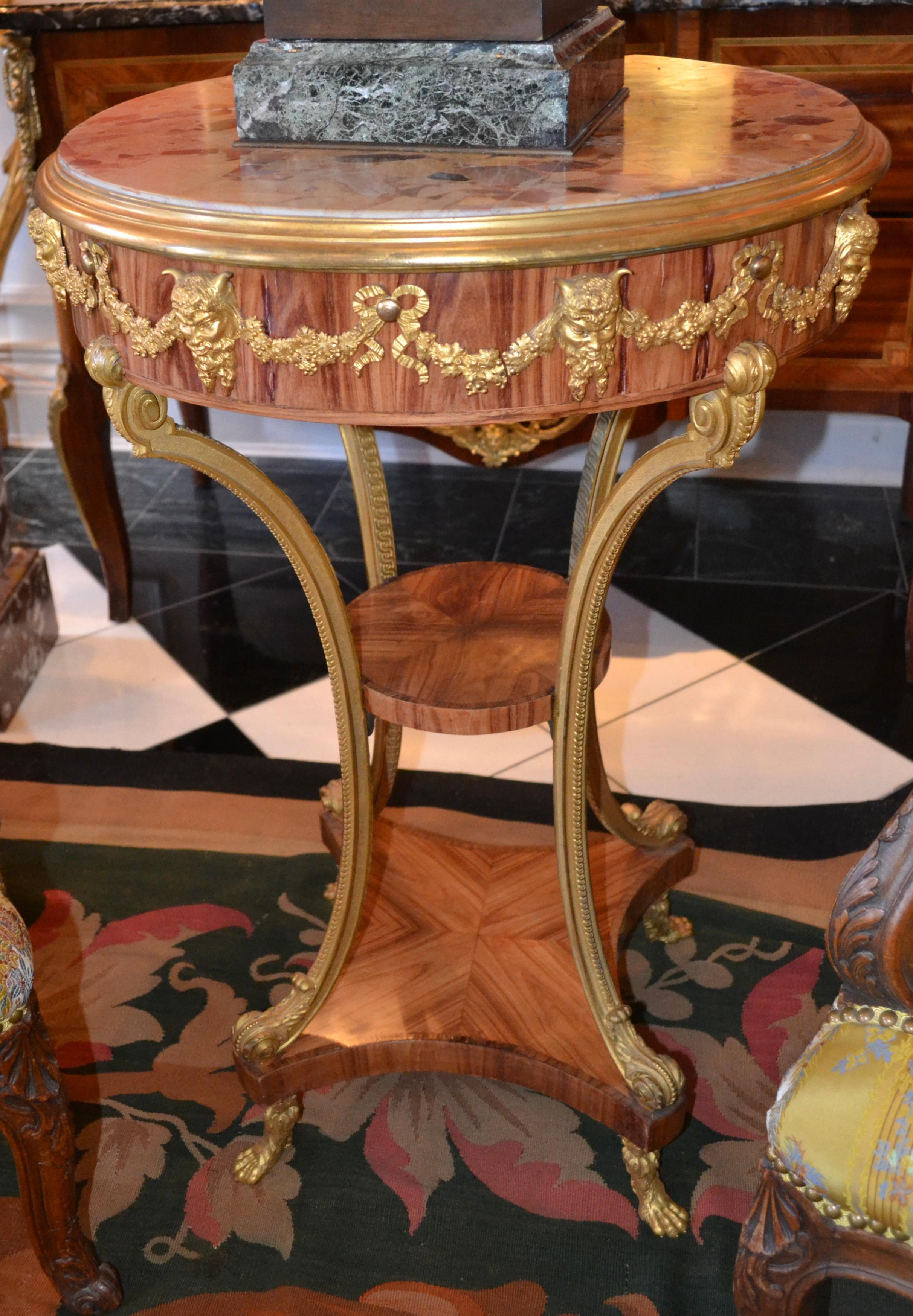 Marble Topped  Tulipwood  and Gilt Bronze Gueridon Table For Sale 1