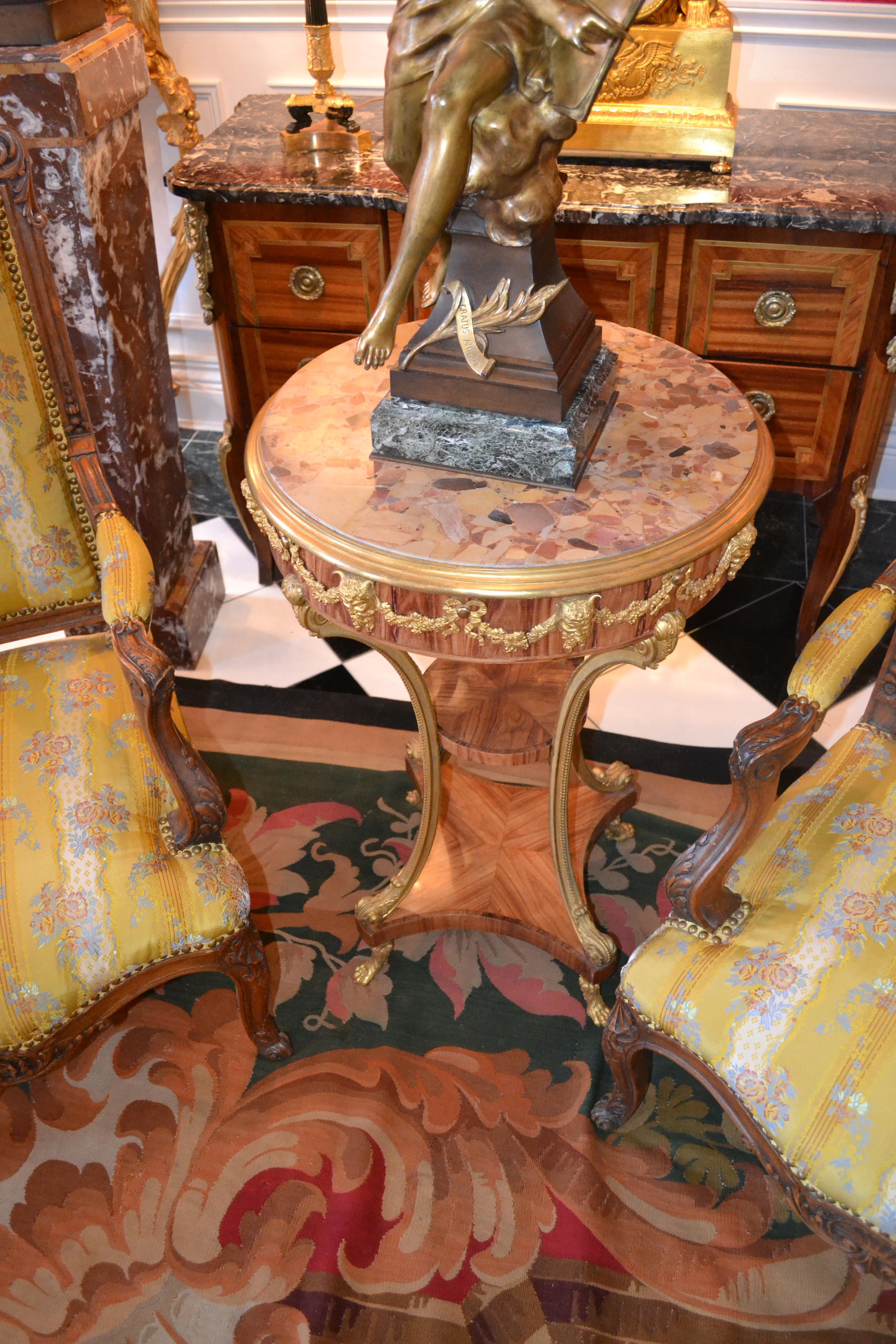 Marble Topped  Tulipwood  and Gilt Bronze Gueridon Table For Sale 2