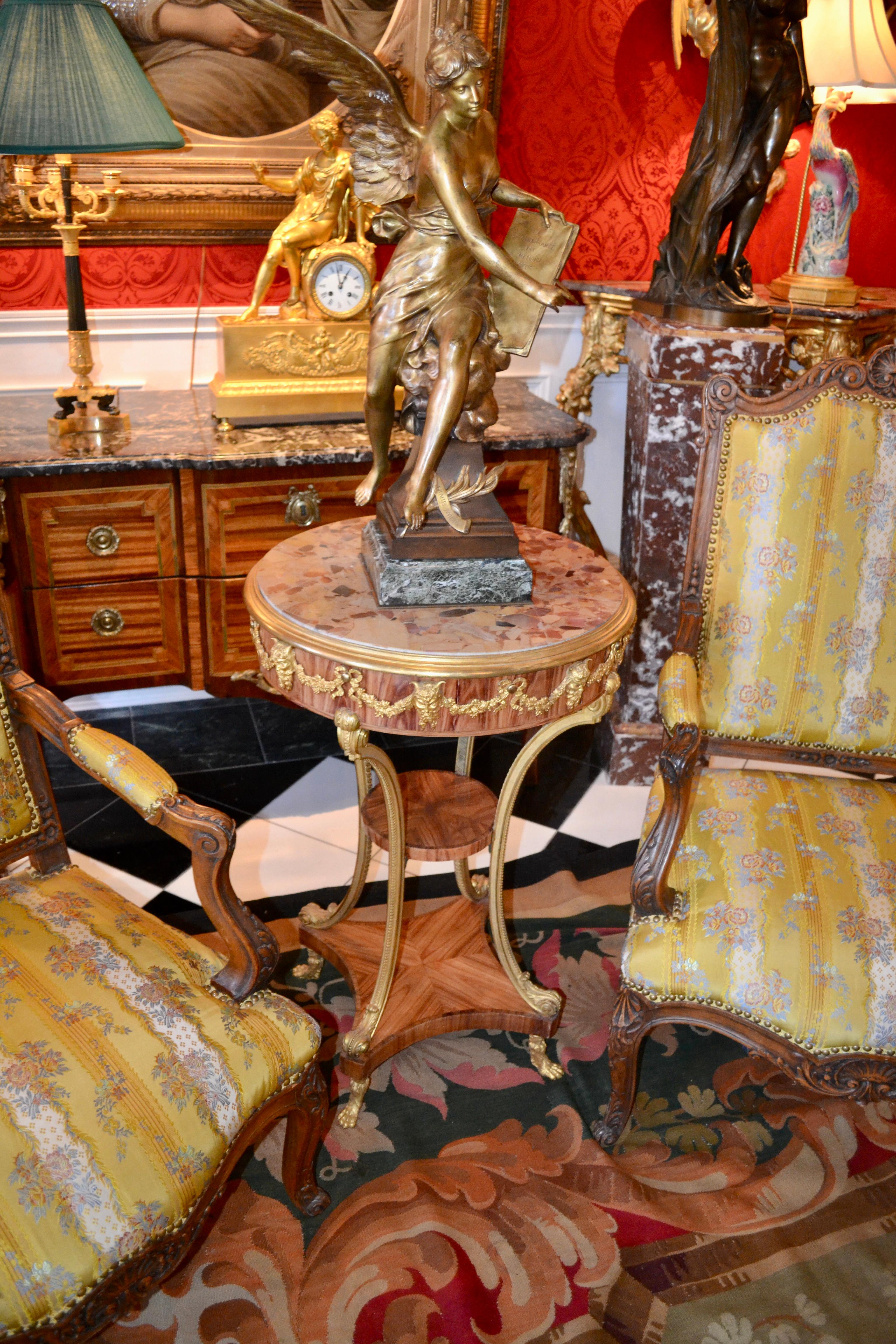 Marble Topped  Tulipwood  and Gilt Bronze Gueridon Table For Sale 3