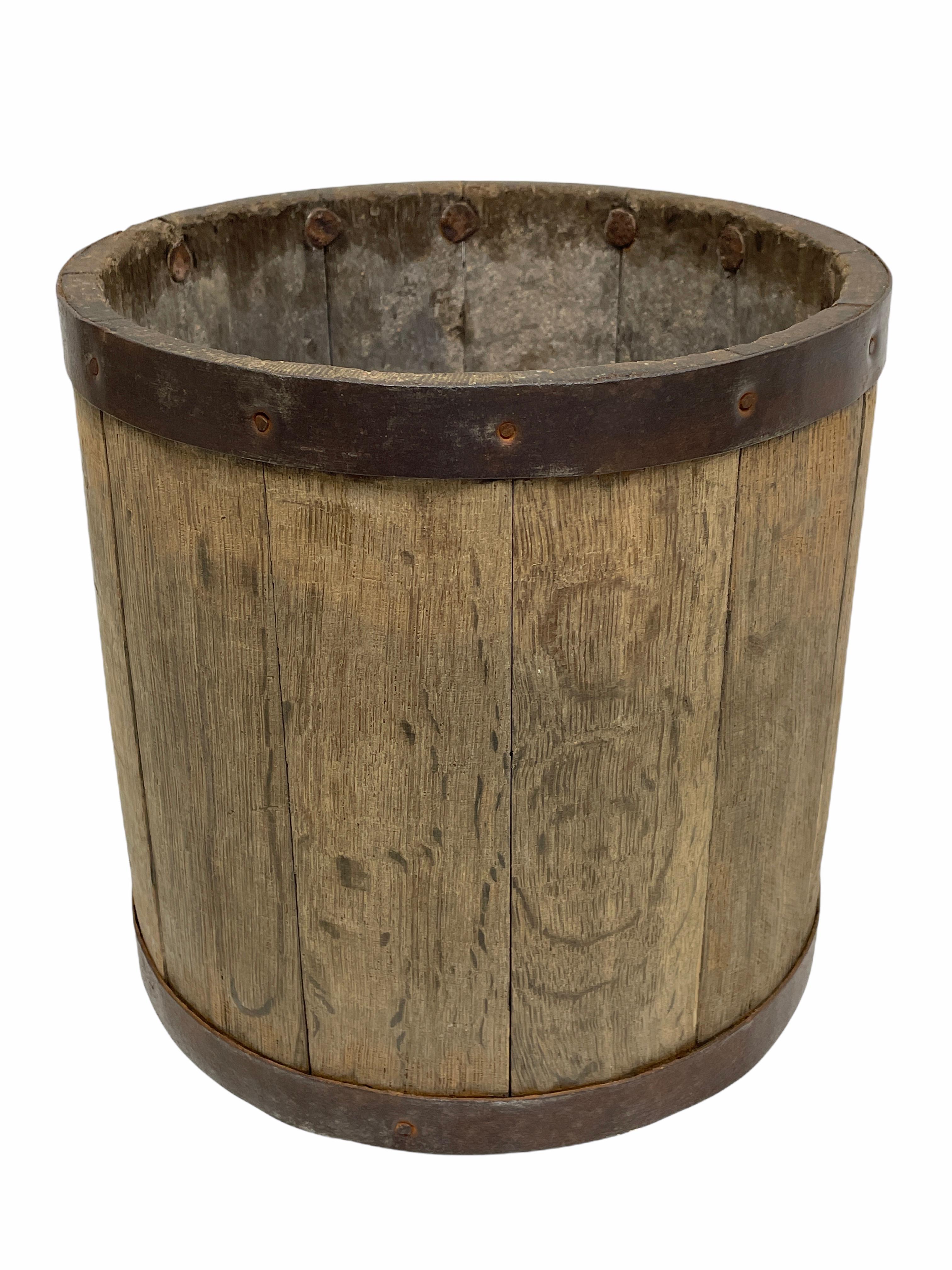 Folk Art Wood Water Bucket with Wrought Iron Bands, Austria, 1890s
