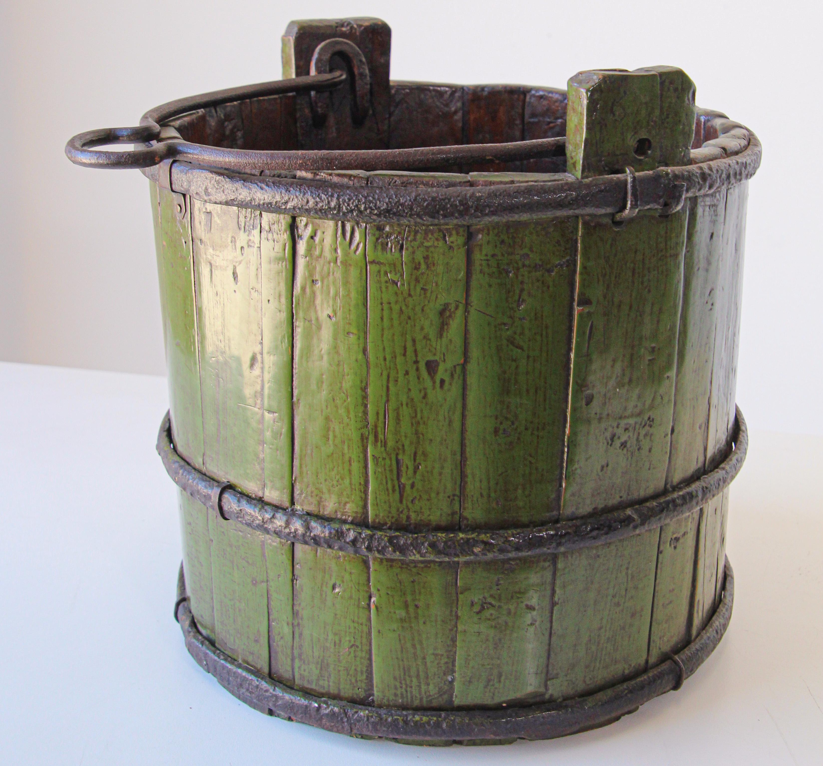 Wood Water Bucket with Wrought Iron Bands 4