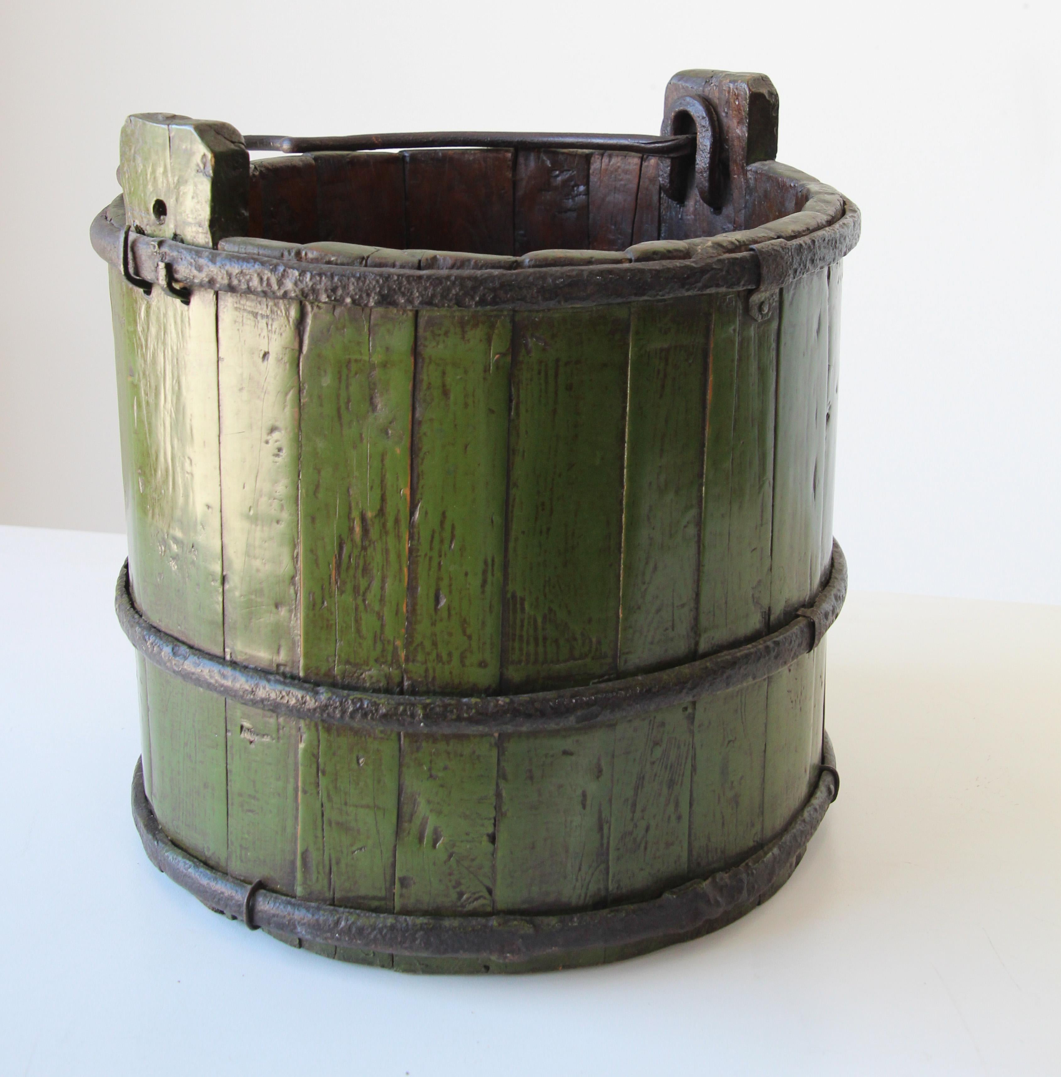 Wood Water Bucket with Wrought Iron Bands 5