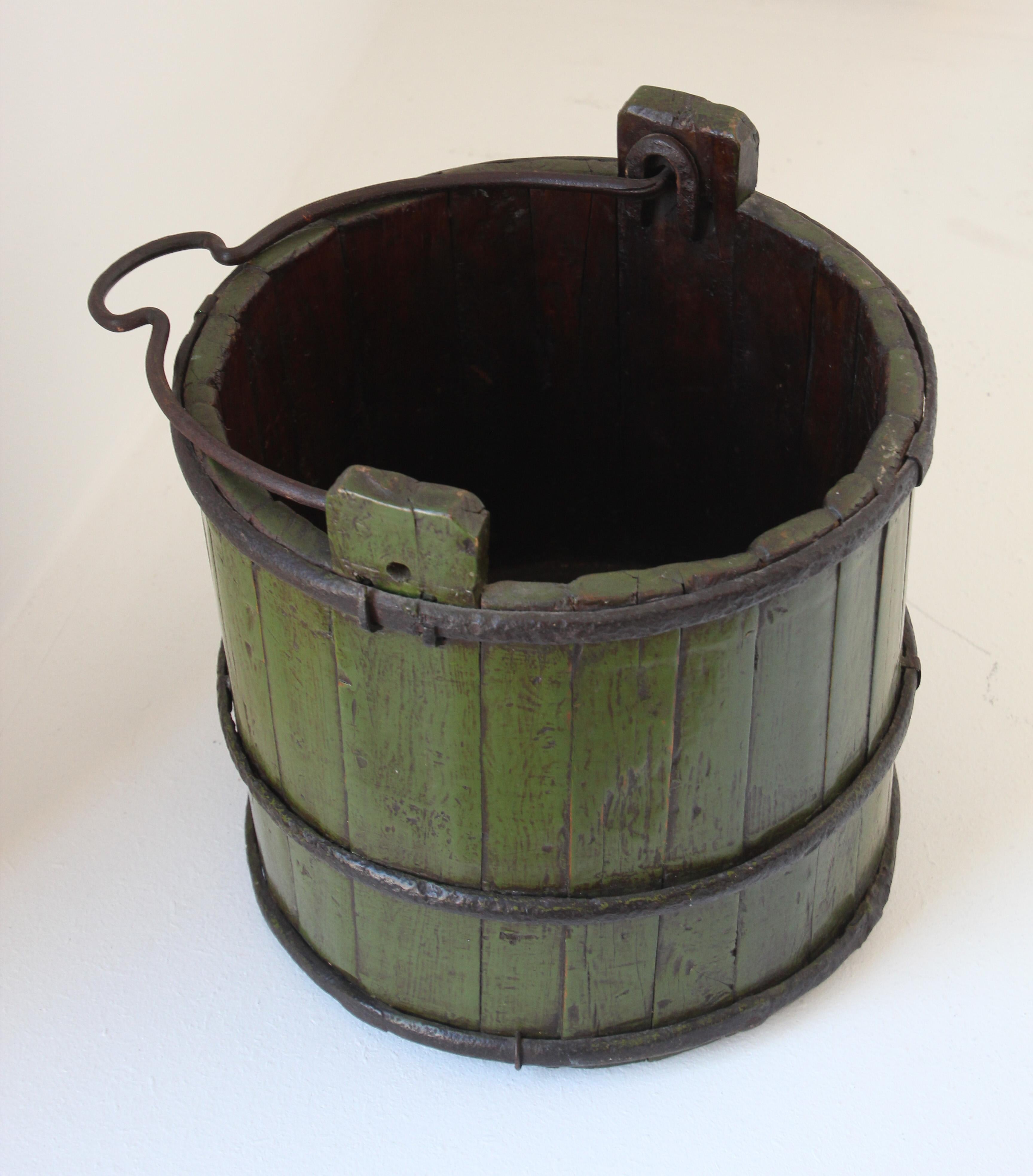 Wood Water Bucket with Wrought Iron Bands 8