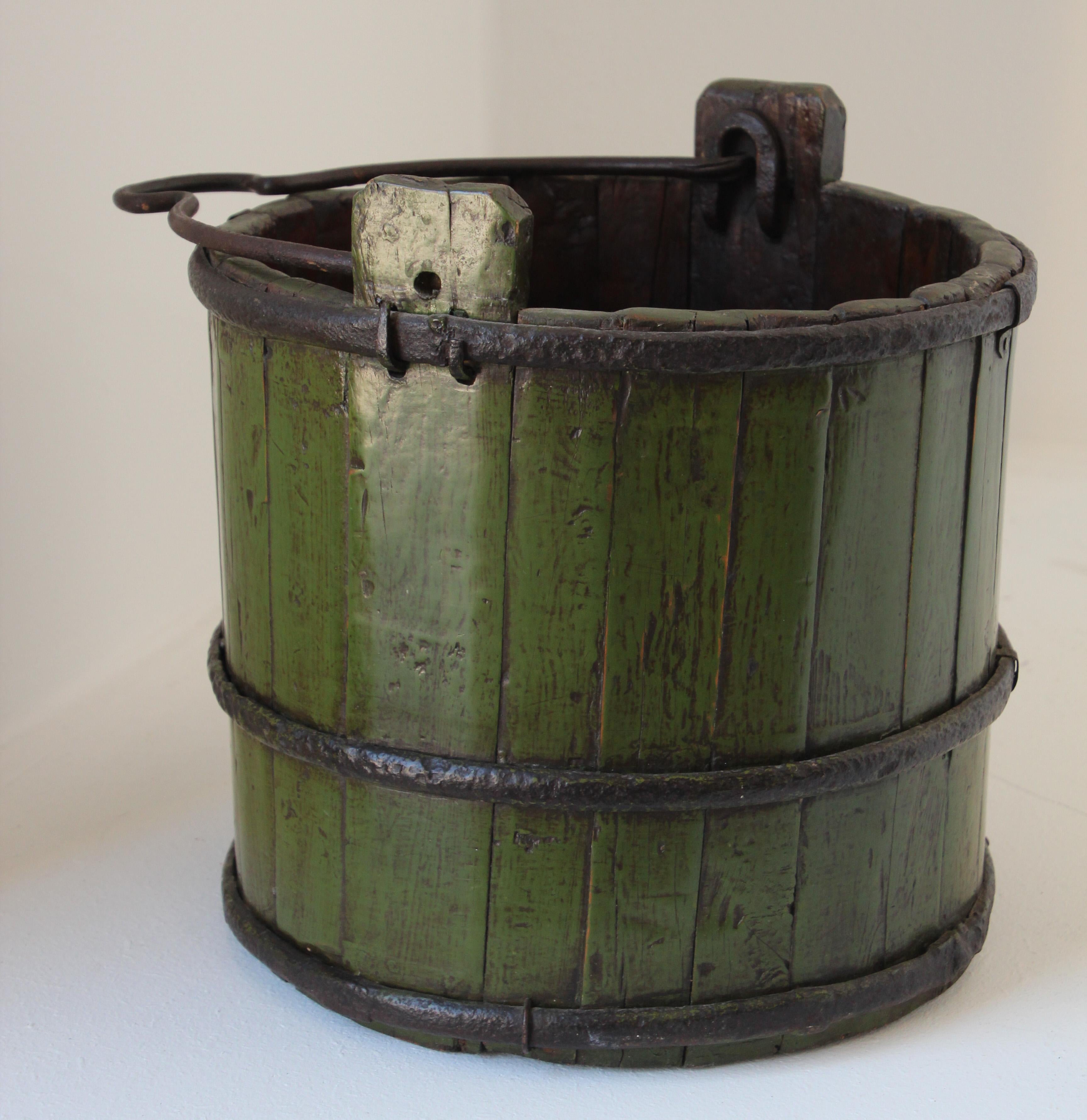 Wood Water Bucket with Wrought Iron Bands 9