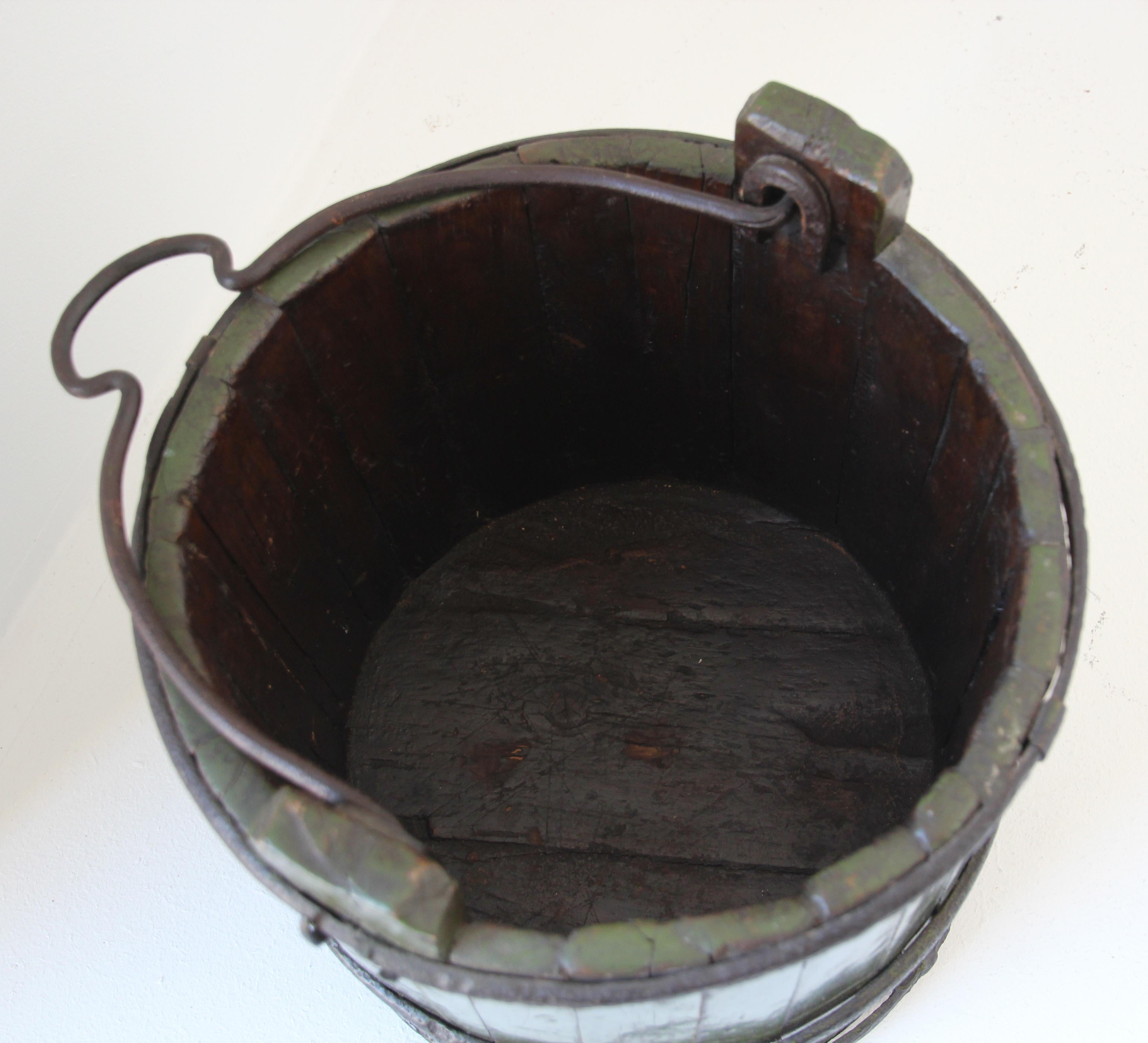 Wood Water Bucket with Wrought Iron Bands 10