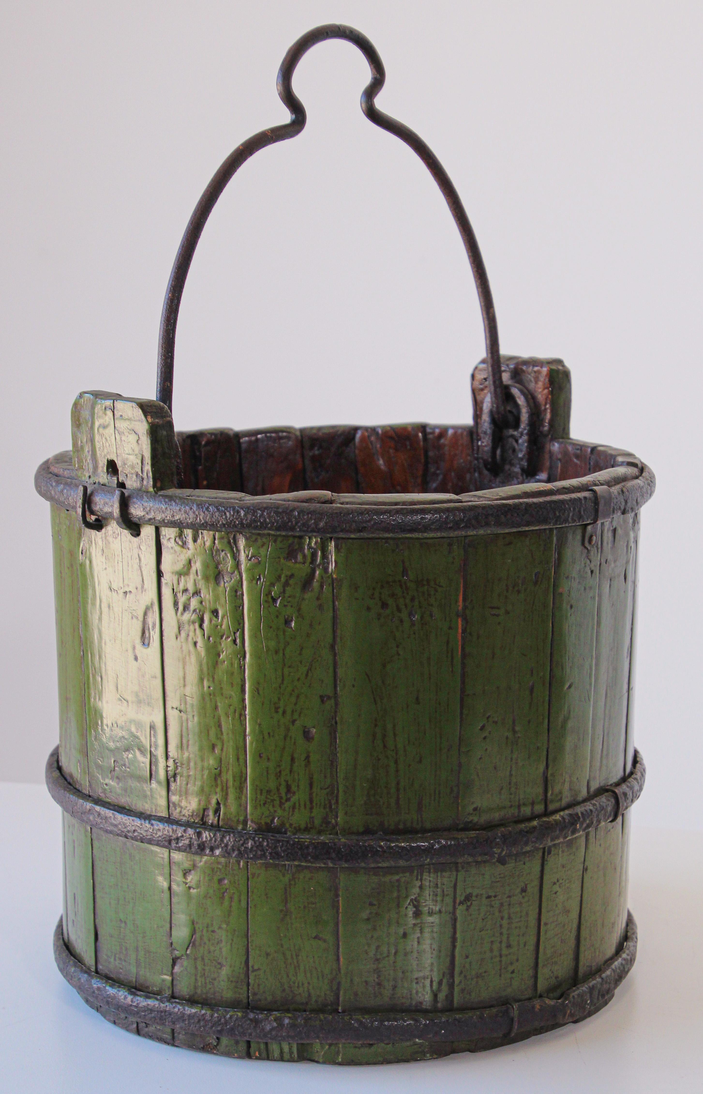 Chinese Wood Water Bucket with Wrought Iron Bands