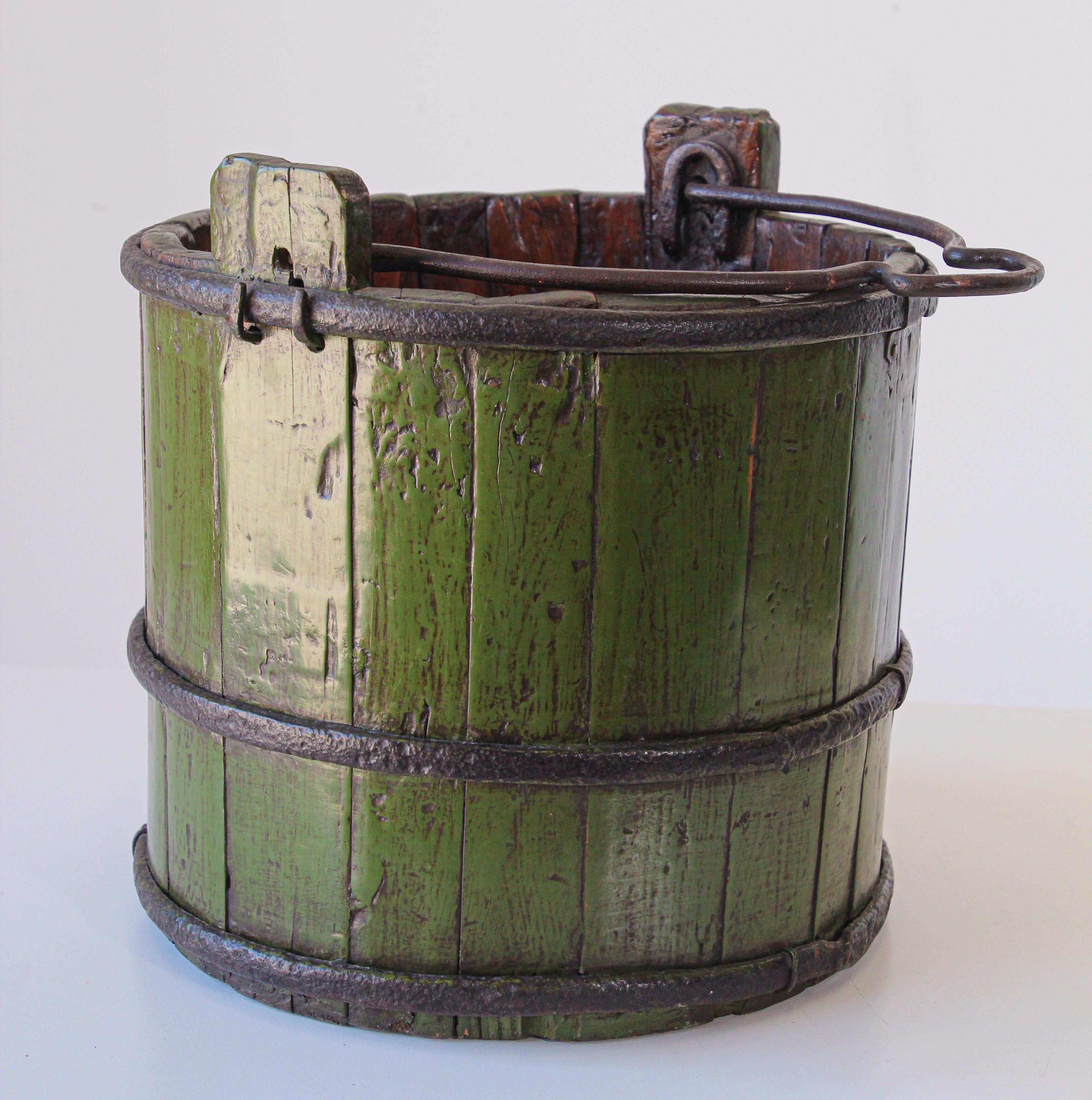 Hand-Crafted Wood Water Bucket with Wrought Iron Bands
