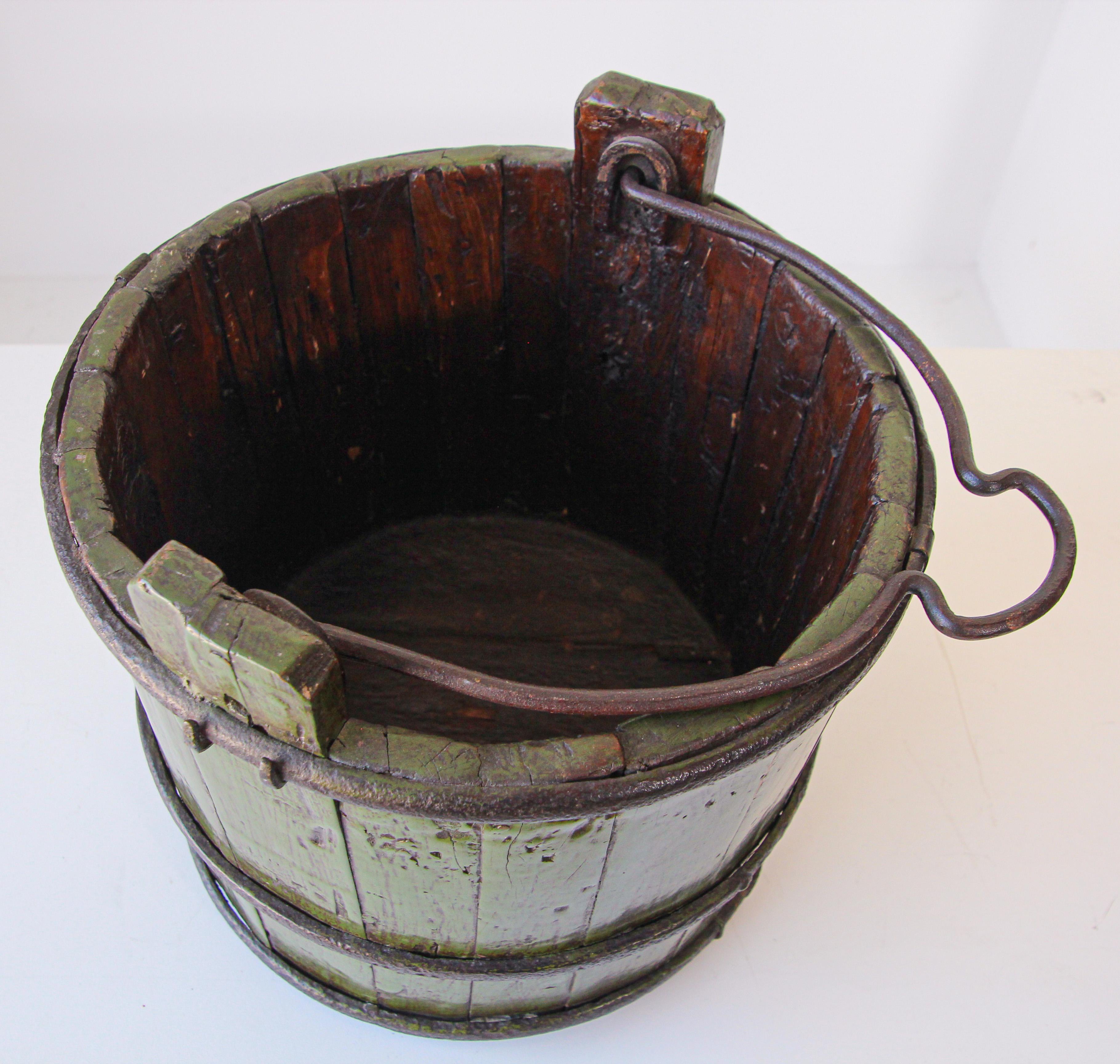 20th Century Wood Water Bucket with Wrought Iron Bands