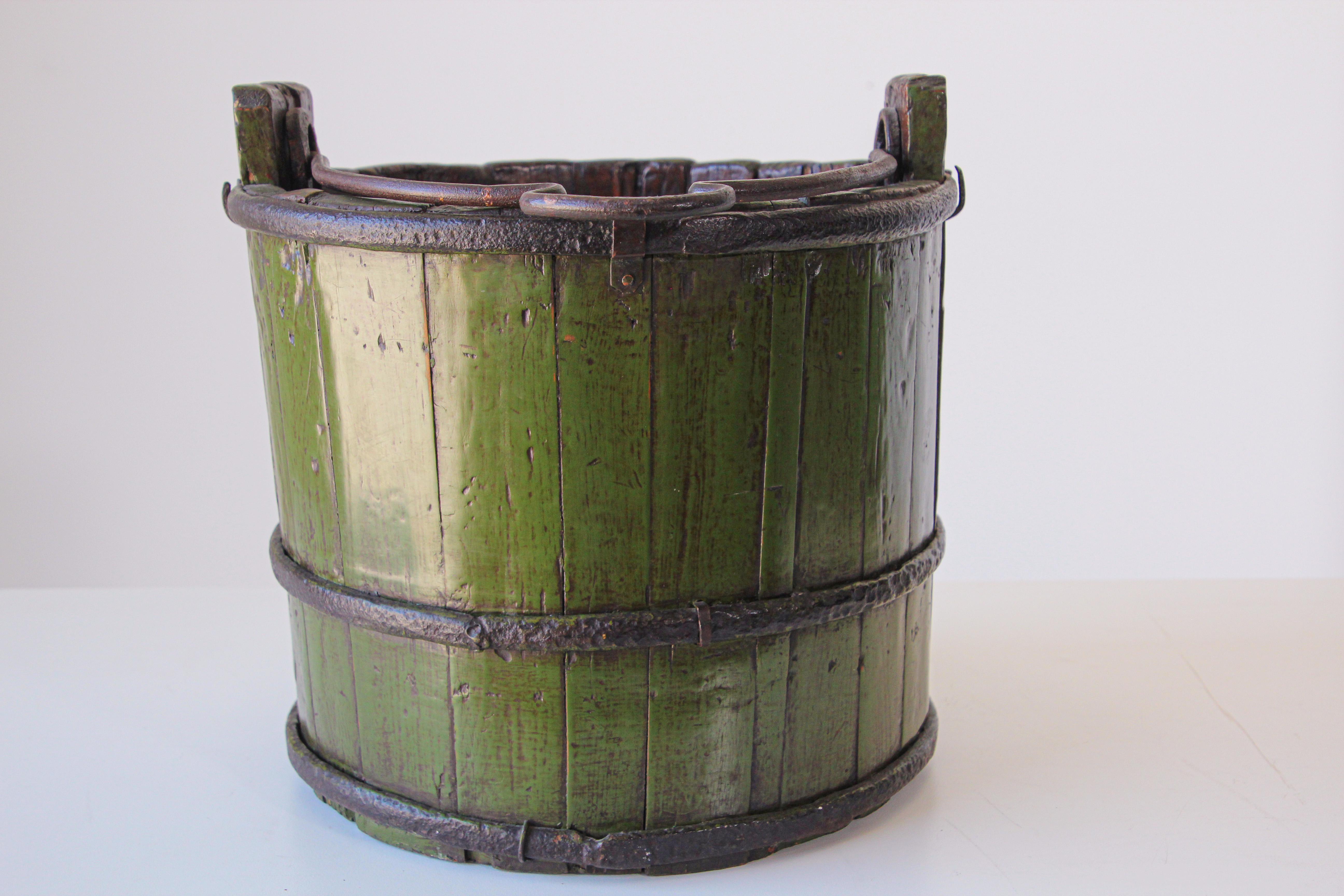 Wood Water Bucket with Wrought Iron Bands 2