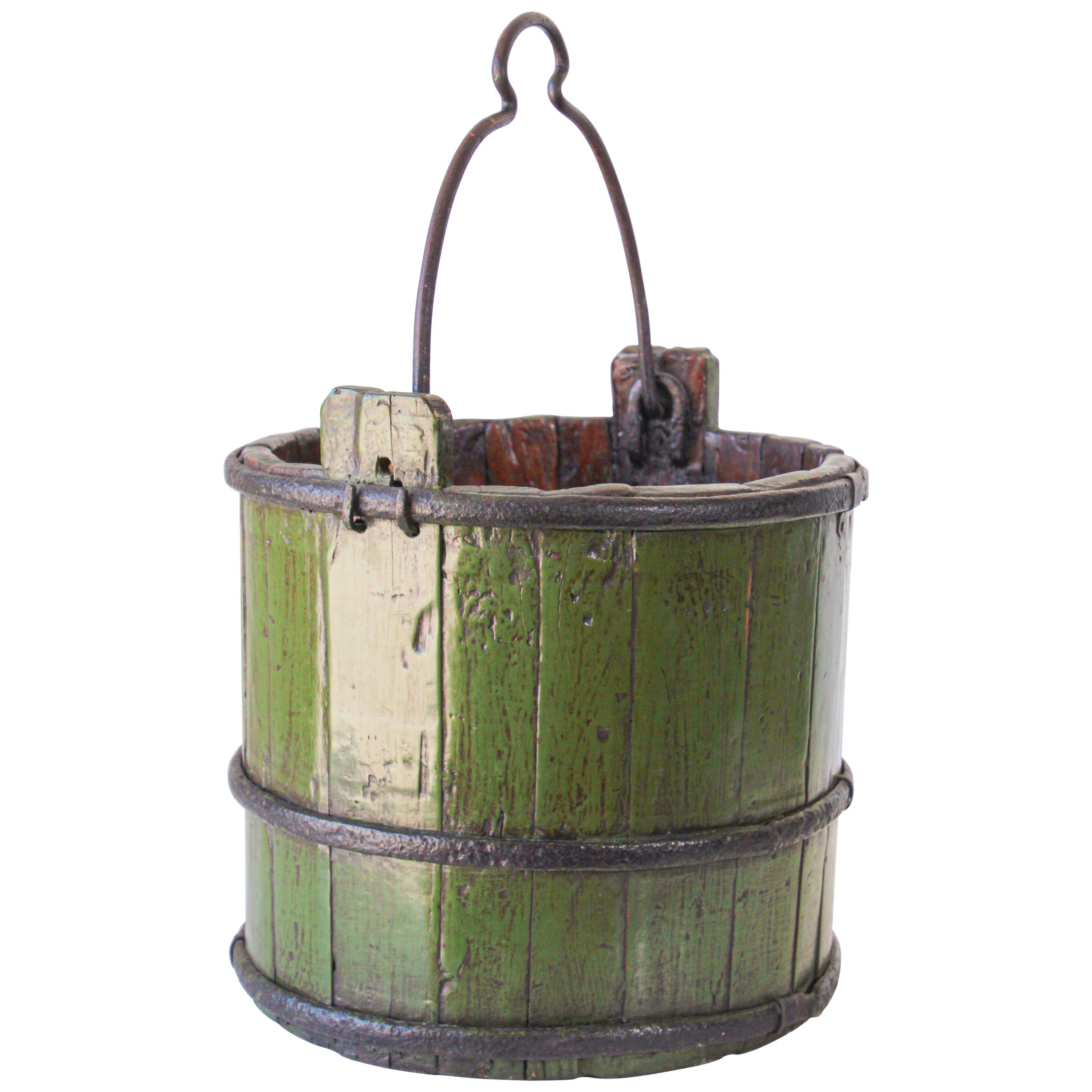 Wood Water Bucket with Wrought Iron Bands