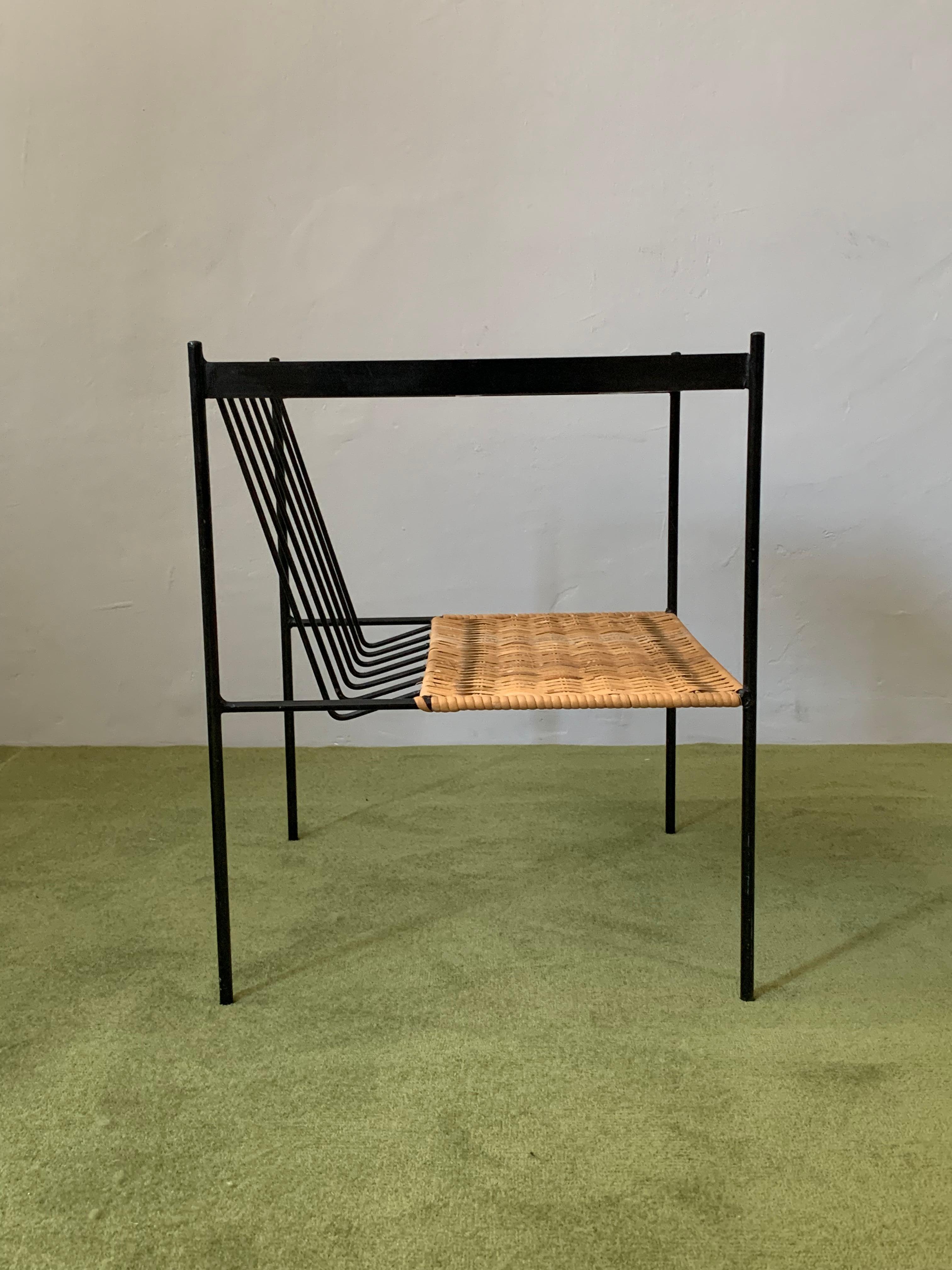Minimalist Wood, Wicker and Iron Magazine Table from 1960's For Sale
