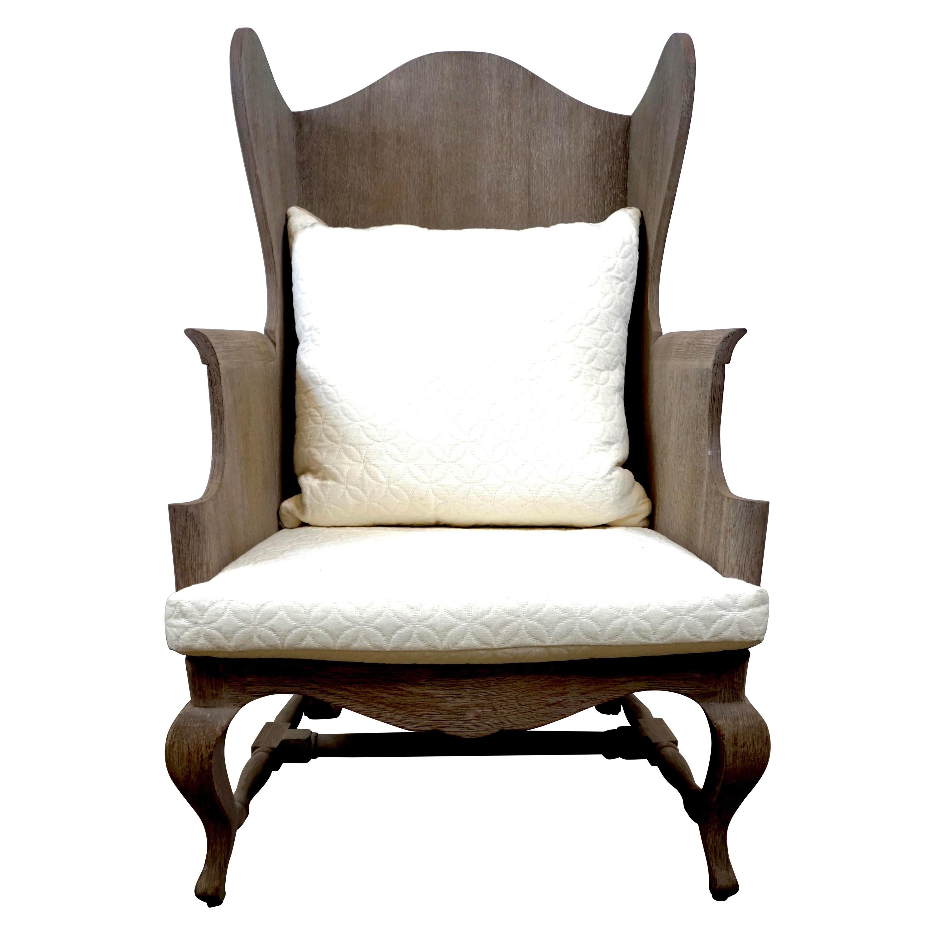 Wood Wing Back Chair with Designer Fabric Upholstery For Sale