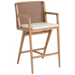 Counter Stool Estrela, Wood with Cane Backrest, Caramel Leather