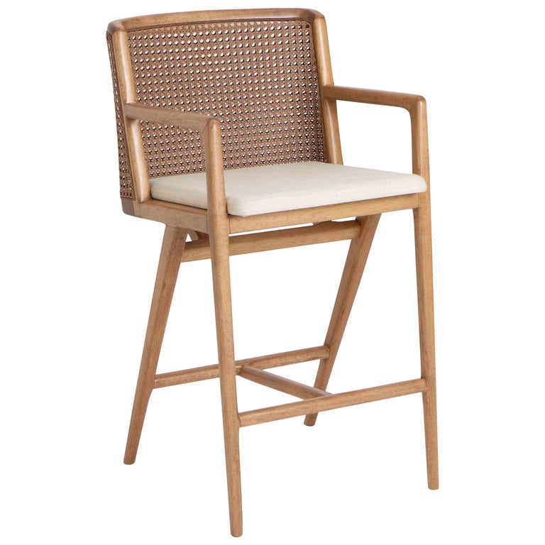 Counter Stool Estrela, Wood with Cane Backrest, Caramel Leather For Sale at 1stDibs wood stool
