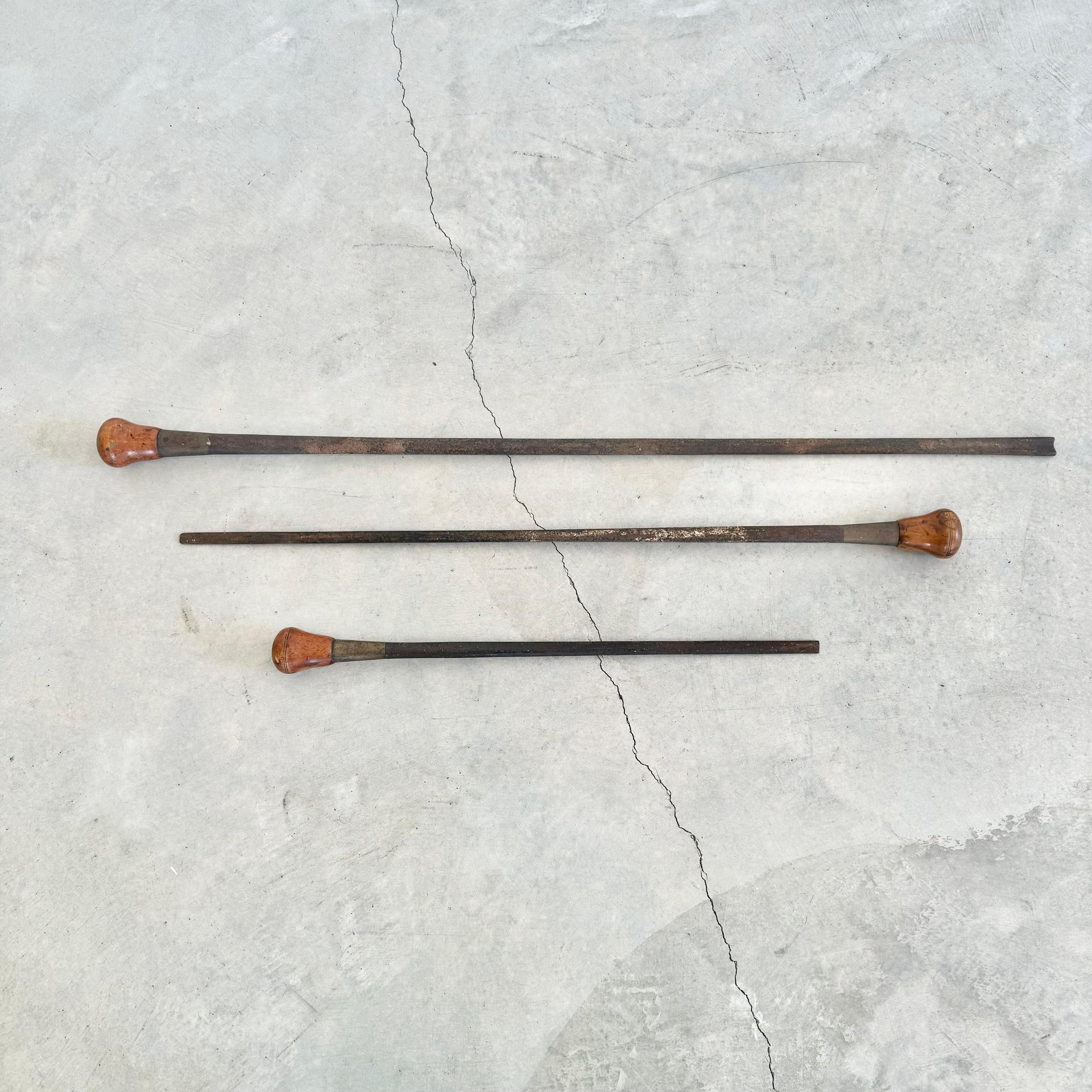 Amazing set of 3 wood working gouges and chisels. Numbered 2 (long), 3 (medium) and 4 (short). Maple pommel on each with a steel tang running through the handle. Each tool also has a brass chappe securing the handle to the steel rod. Beautiful heavy