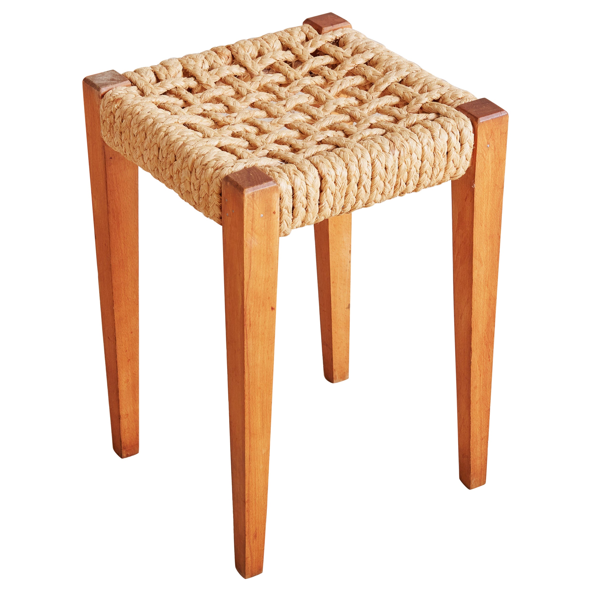 Wood + Woven Rope Low Stool, France 1960s For Sale
